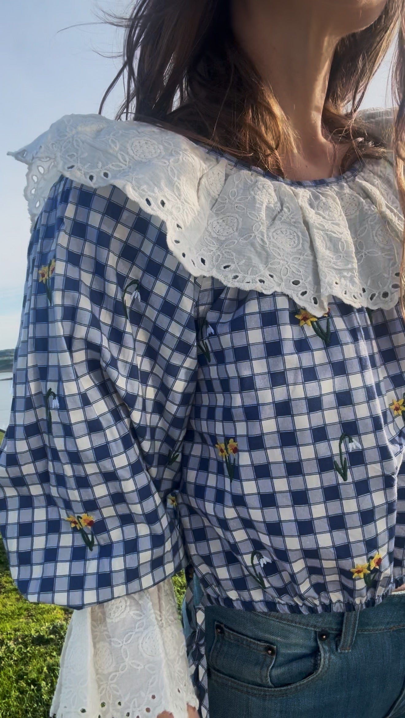 100% RECYCLED COTTON - MARTHA BLUE GINGHAM BLOUSE