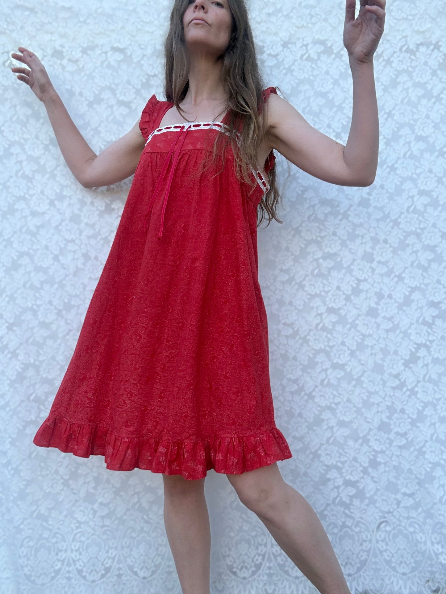 REWORKED - RED COTTON DAY DRESS 10-12