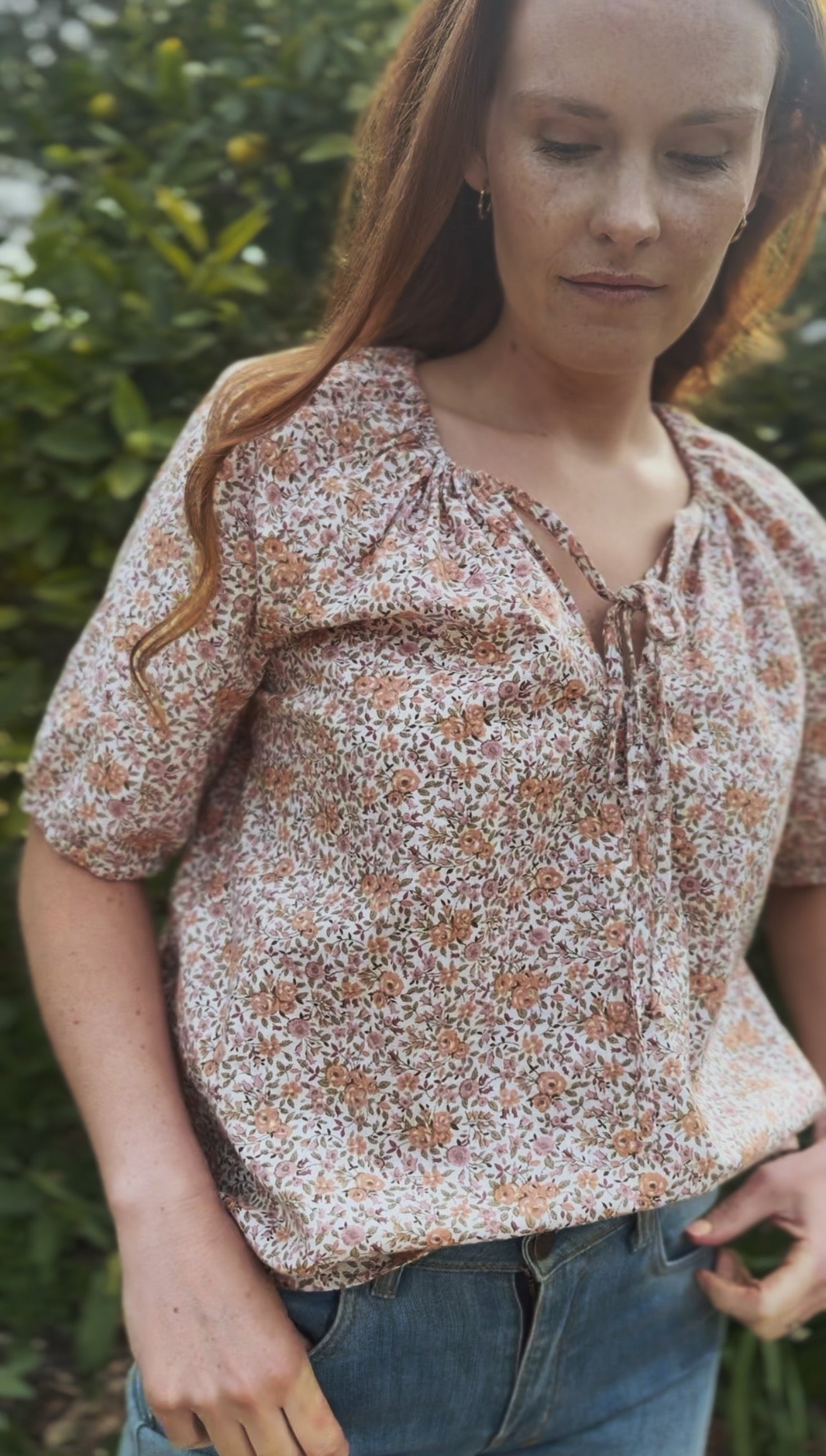 REWORKED - ONE OF A KIND COTTON SMOCK BLOUSE PINK FLORAL SMALL