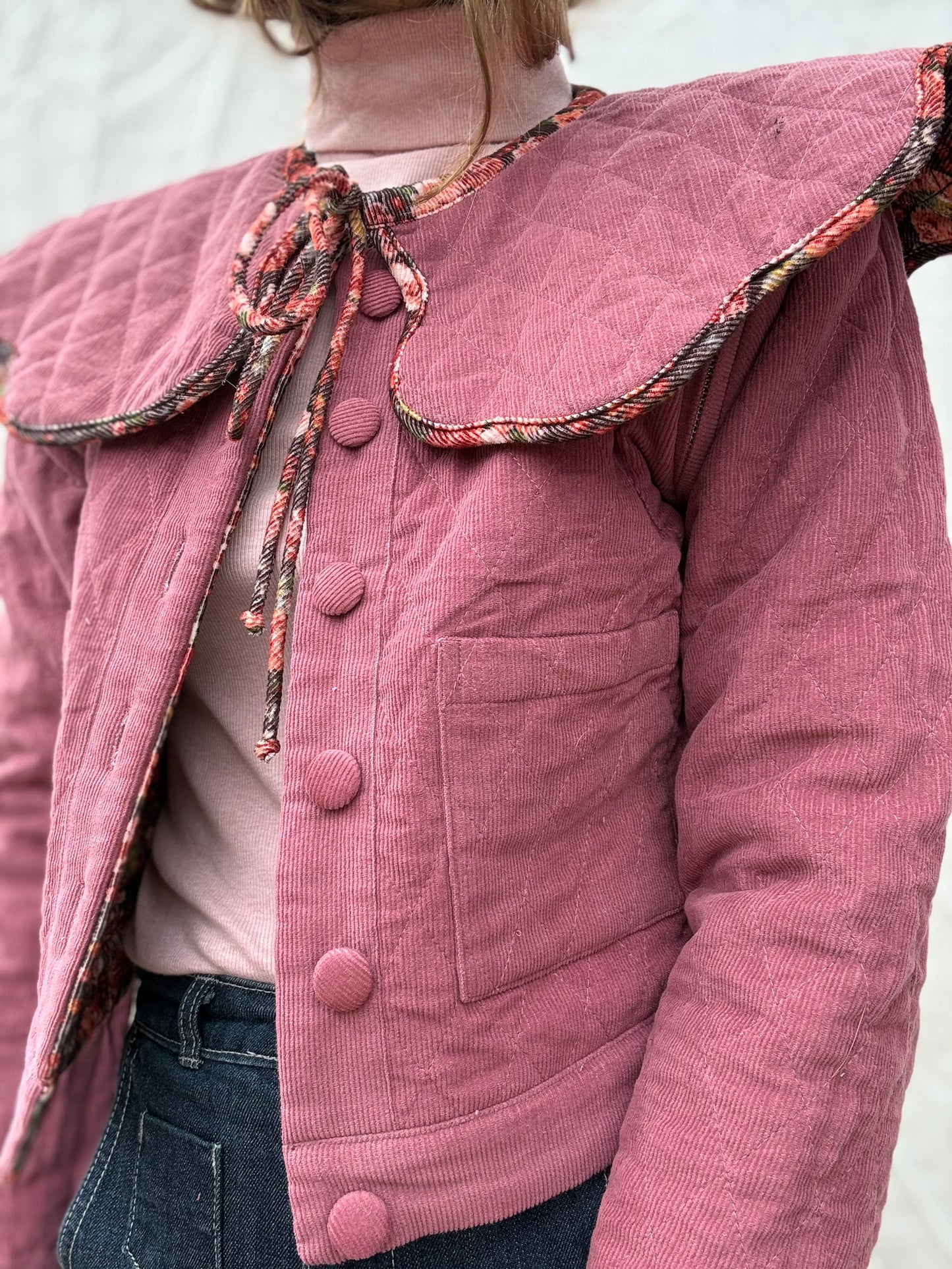 PREORDER - 100% RECYCLED COTTON CORDUROY - PEMBROKE CROP REVERSIBLE QUILTED JACKET/VEST FLORAL