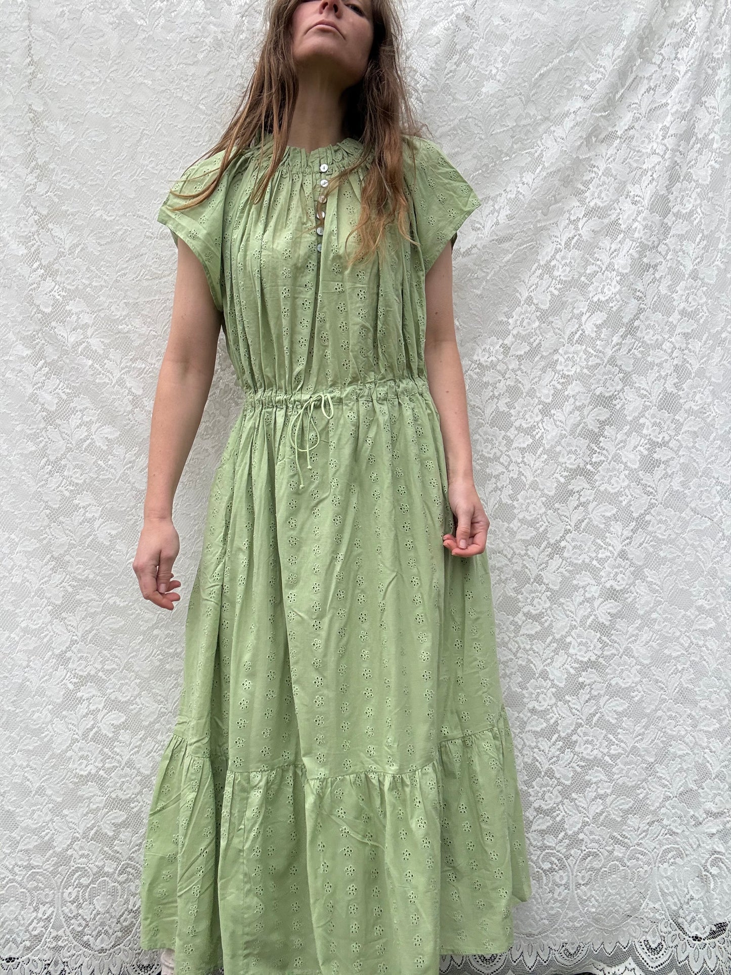 PRELOVED 100% RECYCLED COTTON - ISABEL DRESS SAGE COTTON LACE LARGE