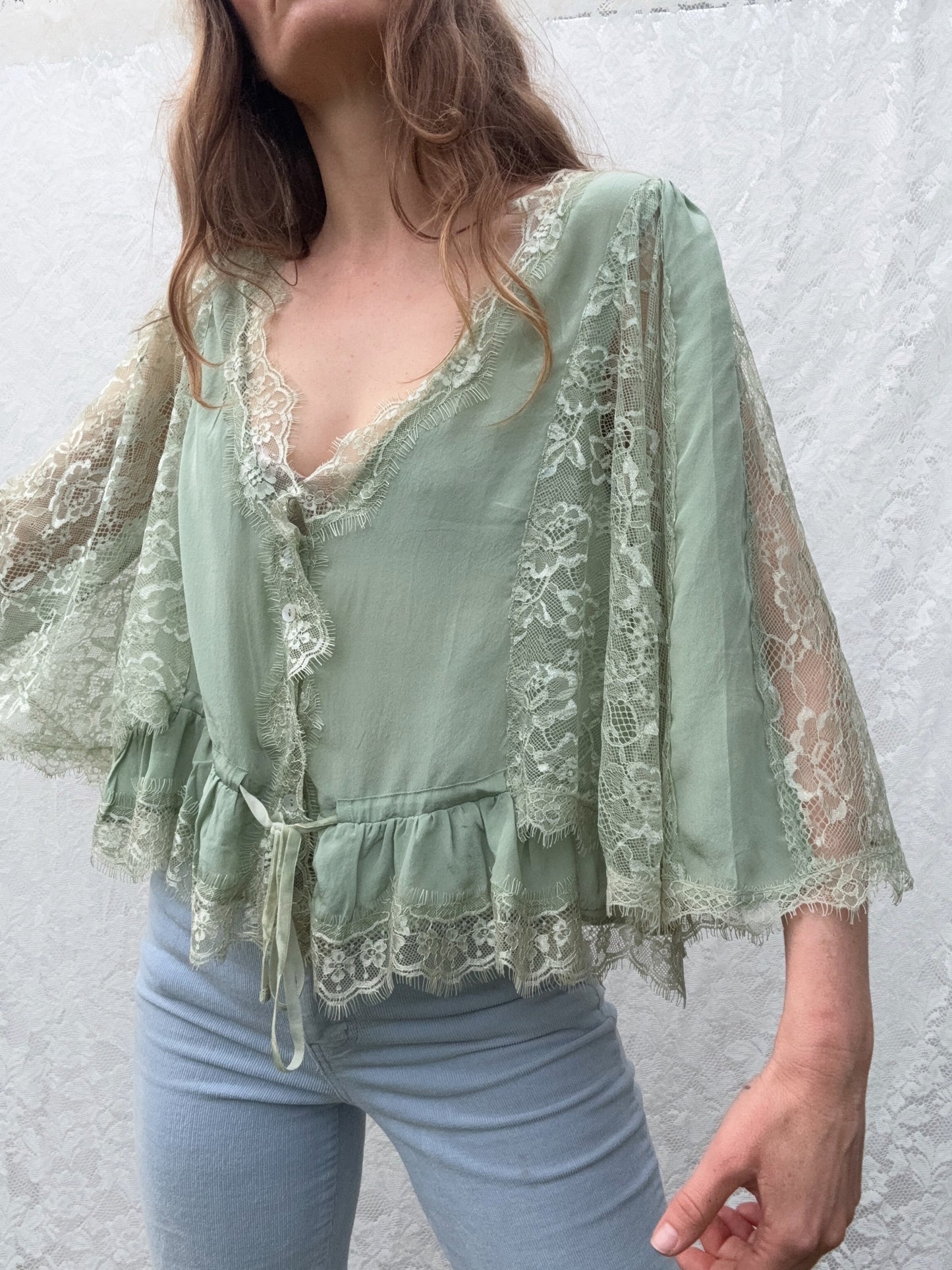 AMORET SILK CAPELET BLOUSE - SAGE