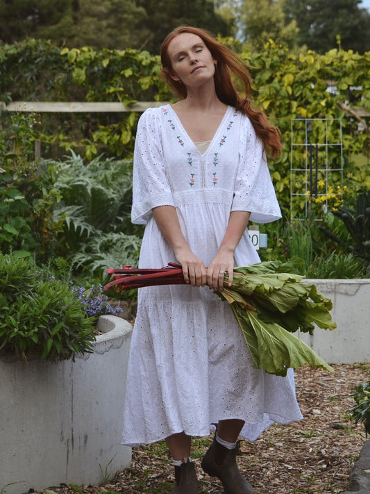 REWORKED COTTON LACE EMBROIDERED DRESS