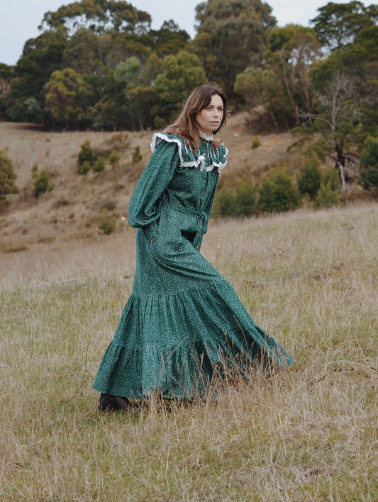 100% RECYCLED COTTON CORDUROY - CLOTHILDE DRESS FOREST GREEN FLORAL