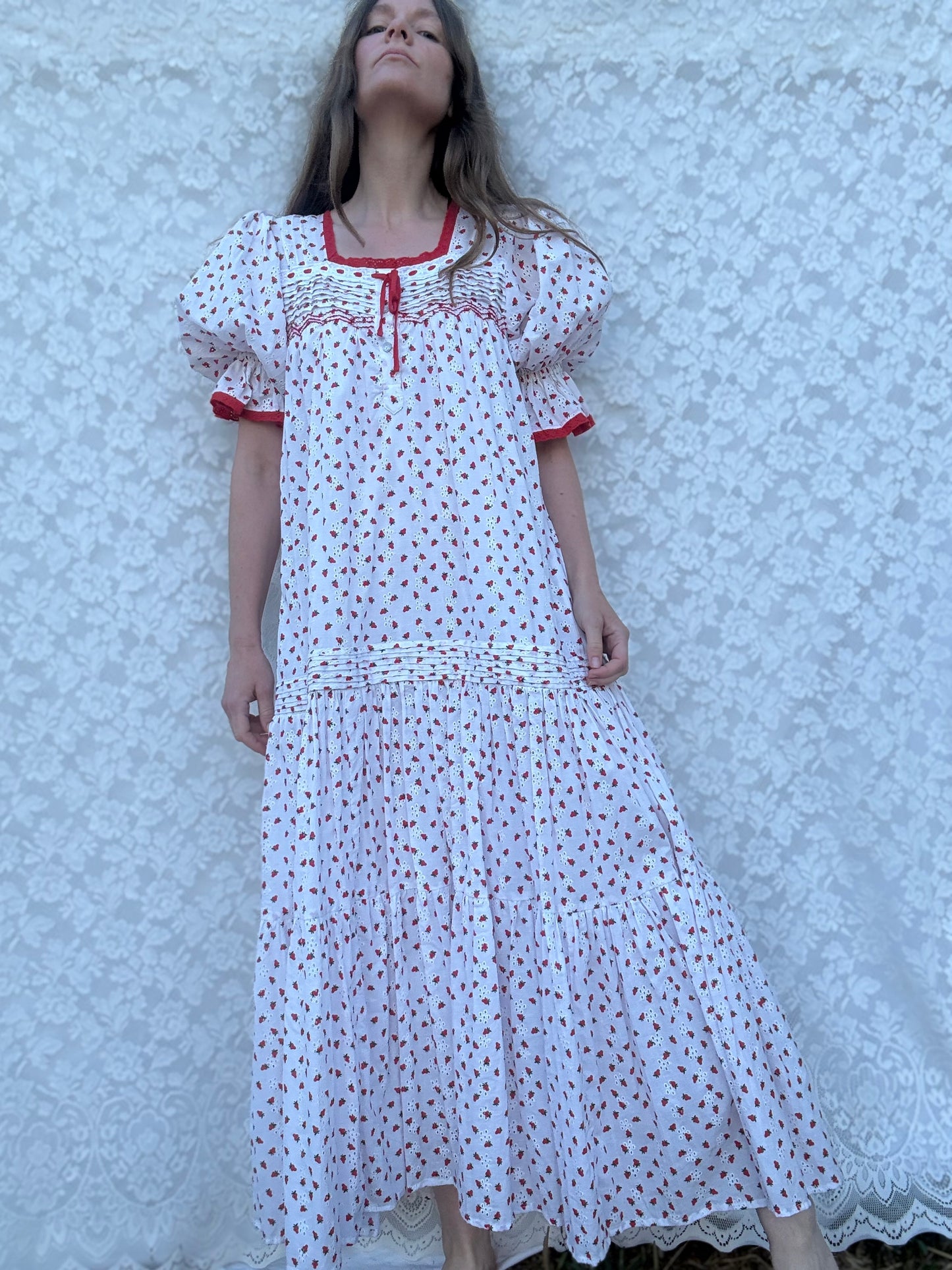 100% RECYCLED COTTON - MORNING SONG HAND SMOCKED TIERED DRESS - STRAWBERRY EMBROIDERED COTTON