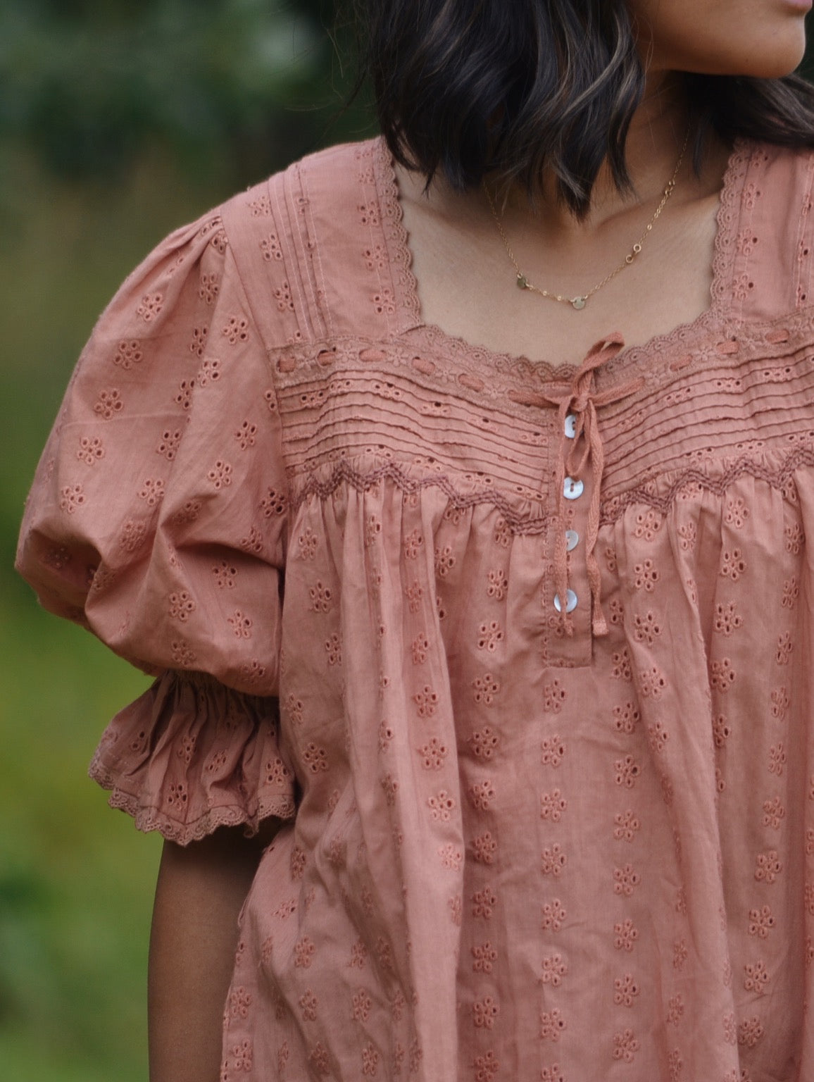 PRELOVED - 100% RECYCLED COTTON - MORNING SONG HAND SMOCKED BLOUSE ANTIQUE BROWN