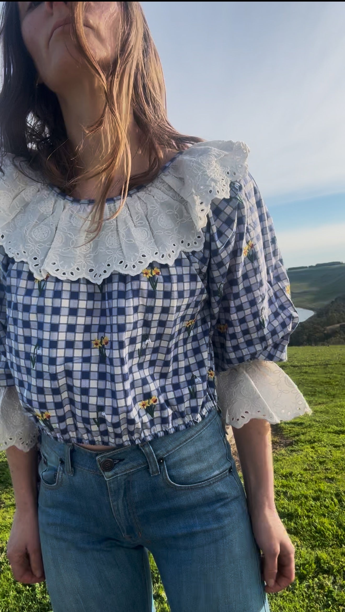 100% RECYCLED COTTON - MARTHA BLUE GINGHAM BLOUSE