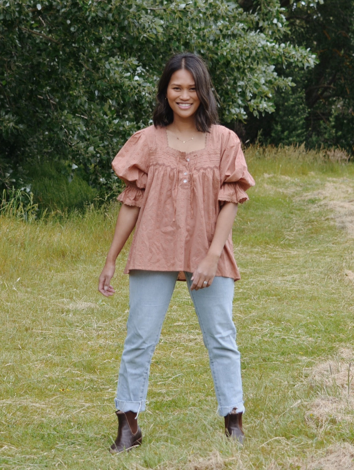 PRELOVED - 100% RECYCLED COTTON - MORNING SONG HAND SMOCKED BLOUSE ANTIQUE BROWN