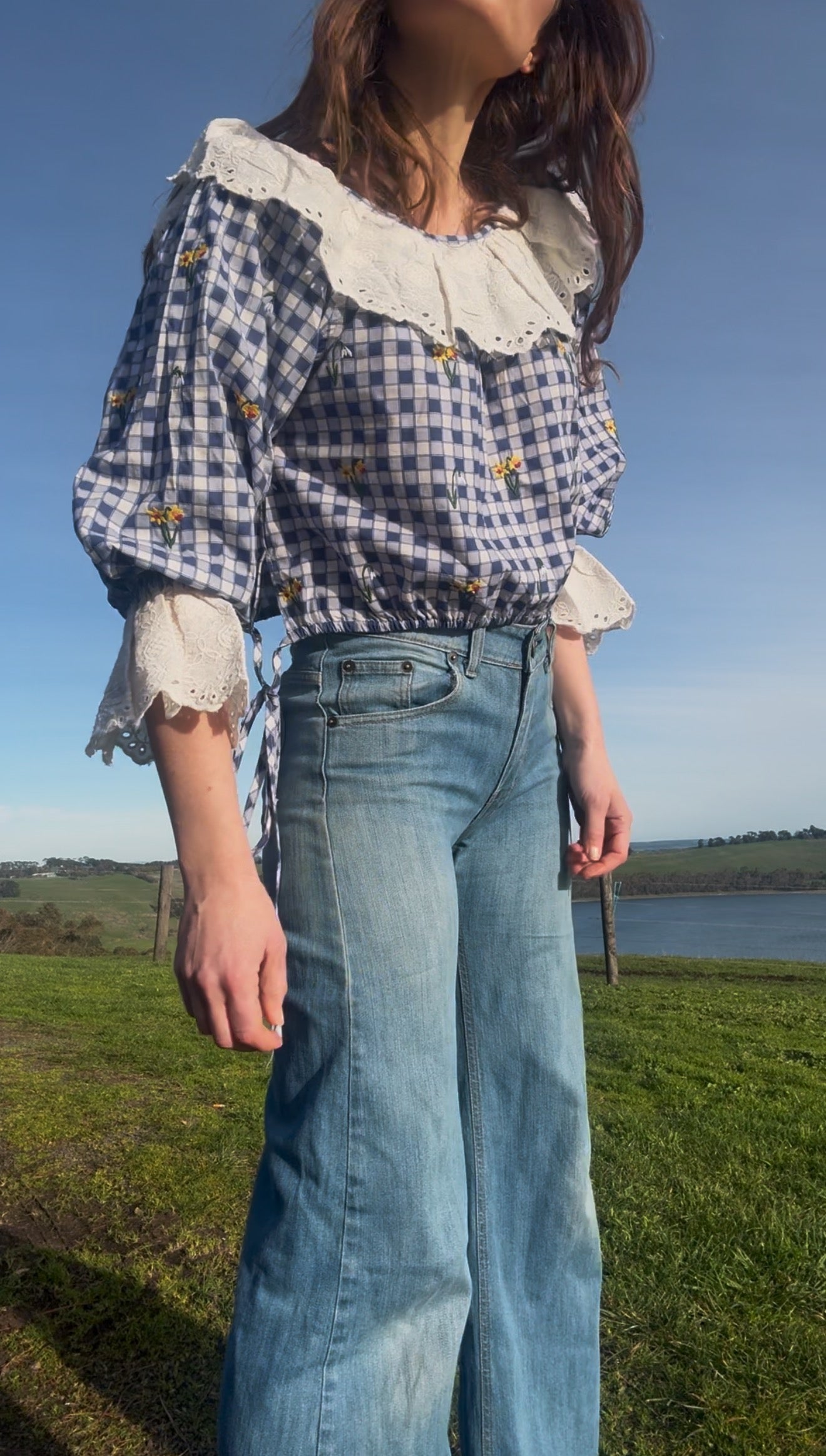 100% RECYCLED COTTON - MARTHA BLUE GINGHAM BLOUSE