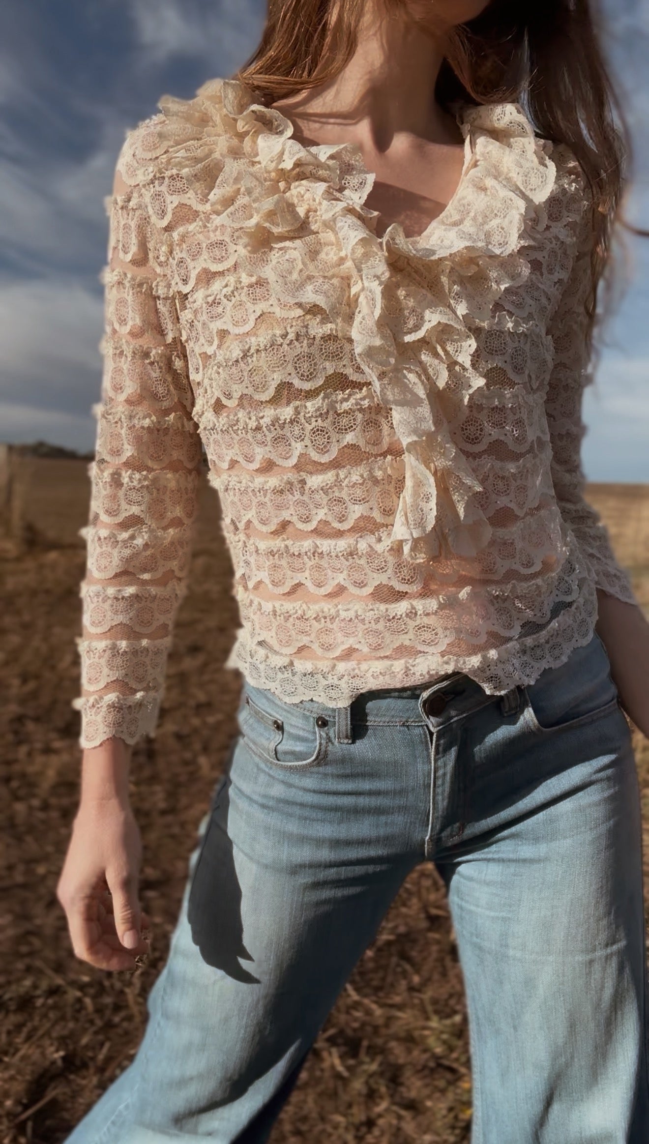 VINTAGE JOHN CRAIG LACE RUFFLE BLOUSE CREAM XS