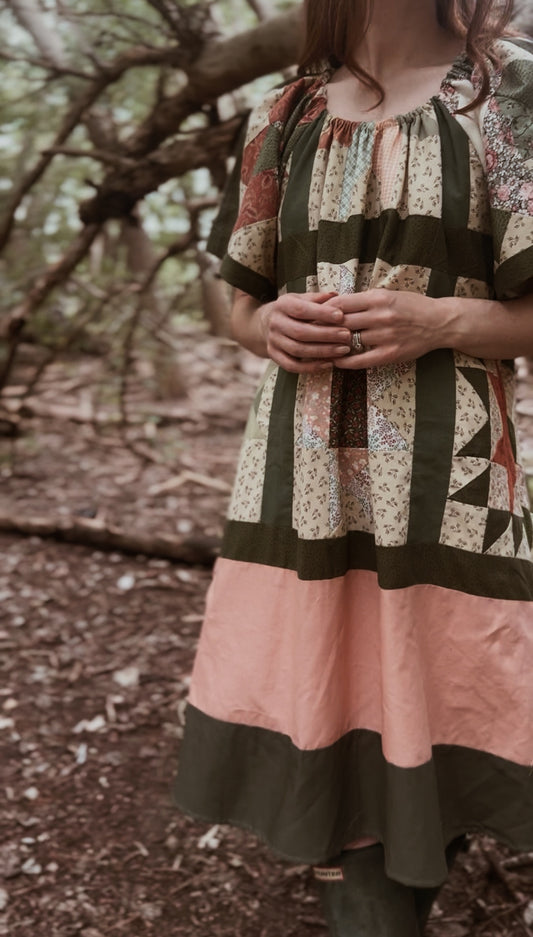 ONE OF A KIND REWORKED PATCHWORK SMOCK DRESS S-L