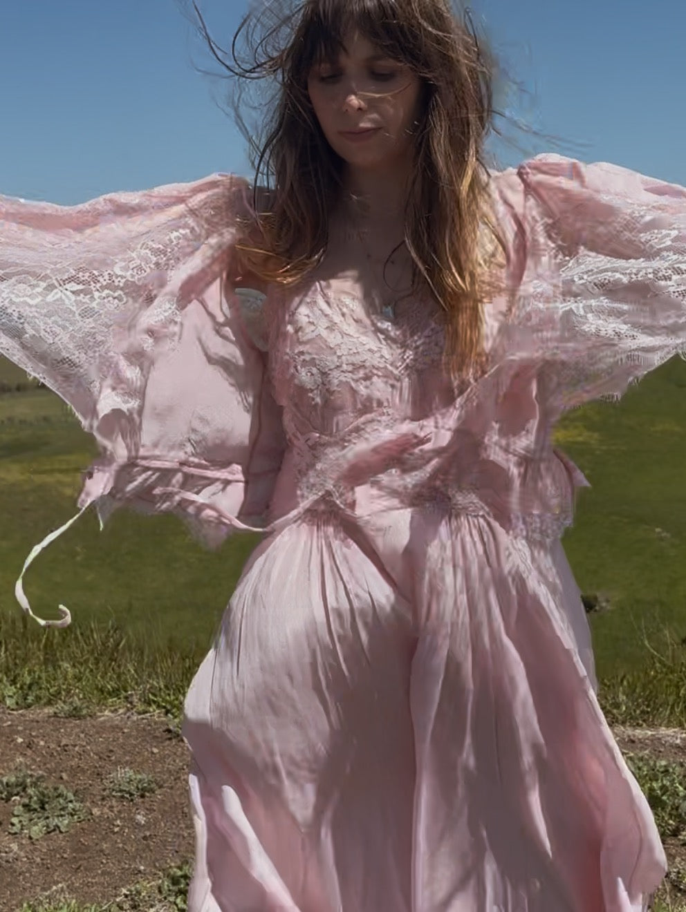 AURORA SILK & LACE DRESS - PASTEL PINK