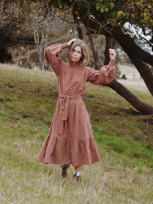 100% RECYCLED COTTON CORDUROY - CLOTHILDE DRESS CINNAMON