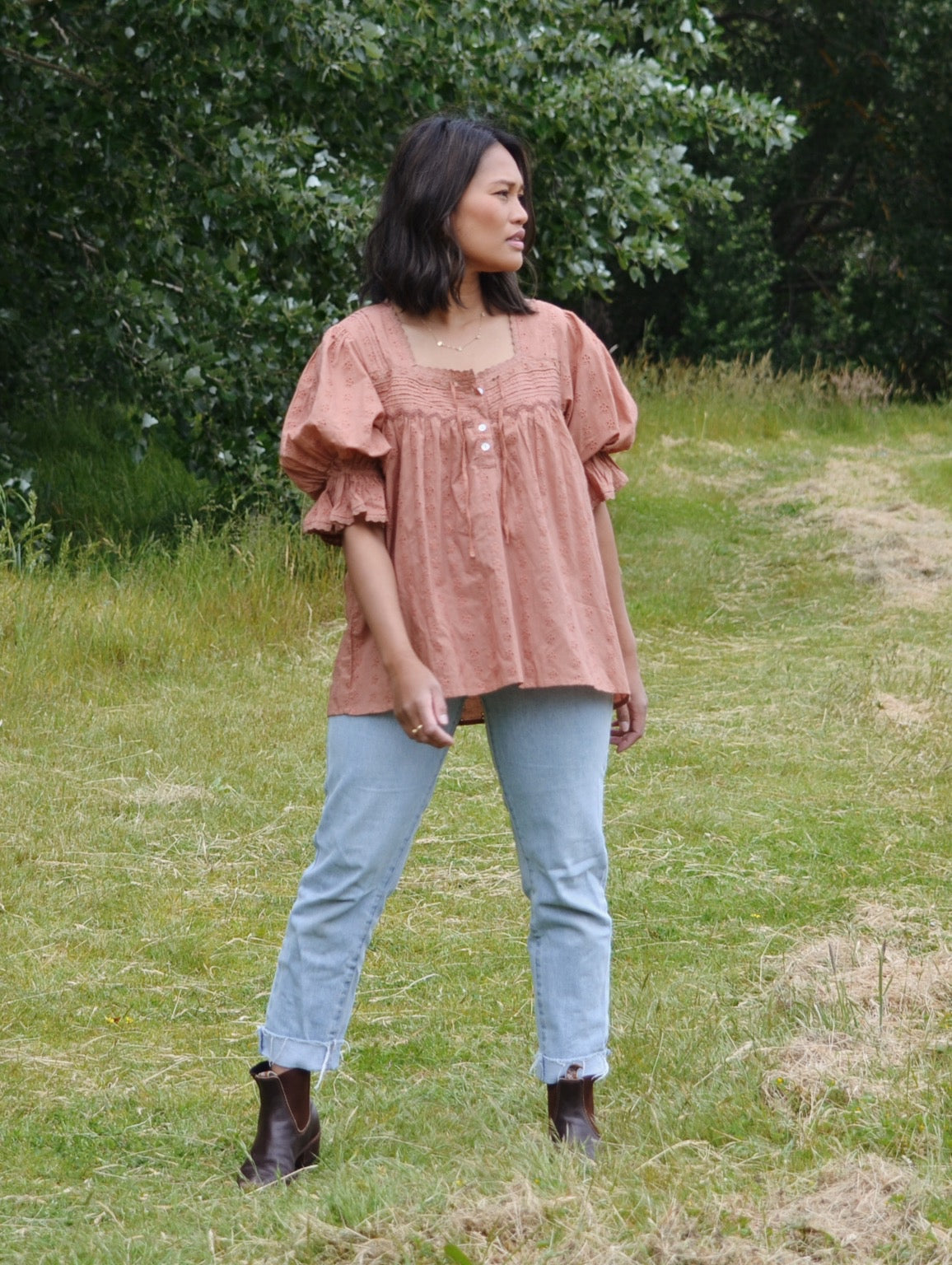 PRELOVED - 100% RECYCLED COTTON - MORNING SONG HAND SMOCKED BLOUSE ANTIQUE BROWN