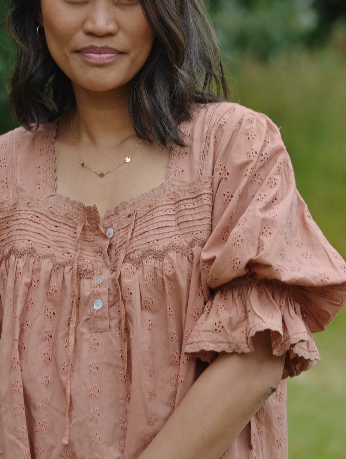 PRELOVED - 100% RECYCLED COTTON - MORNING SONG HAND SMOCKED BLOUSE ANTIQUE BROWN