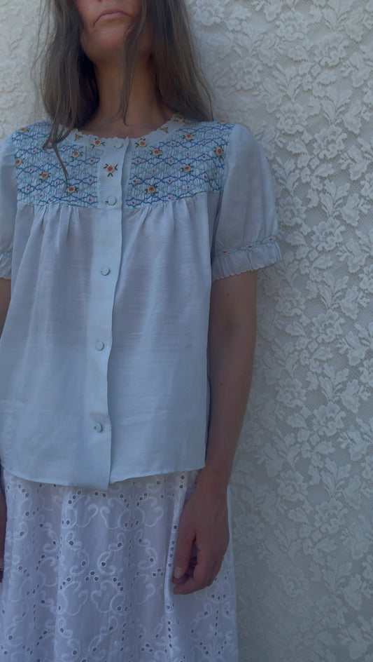 REWORKED - LIGHT BLUE SMOCK DETAILED BLOUSE 8-12