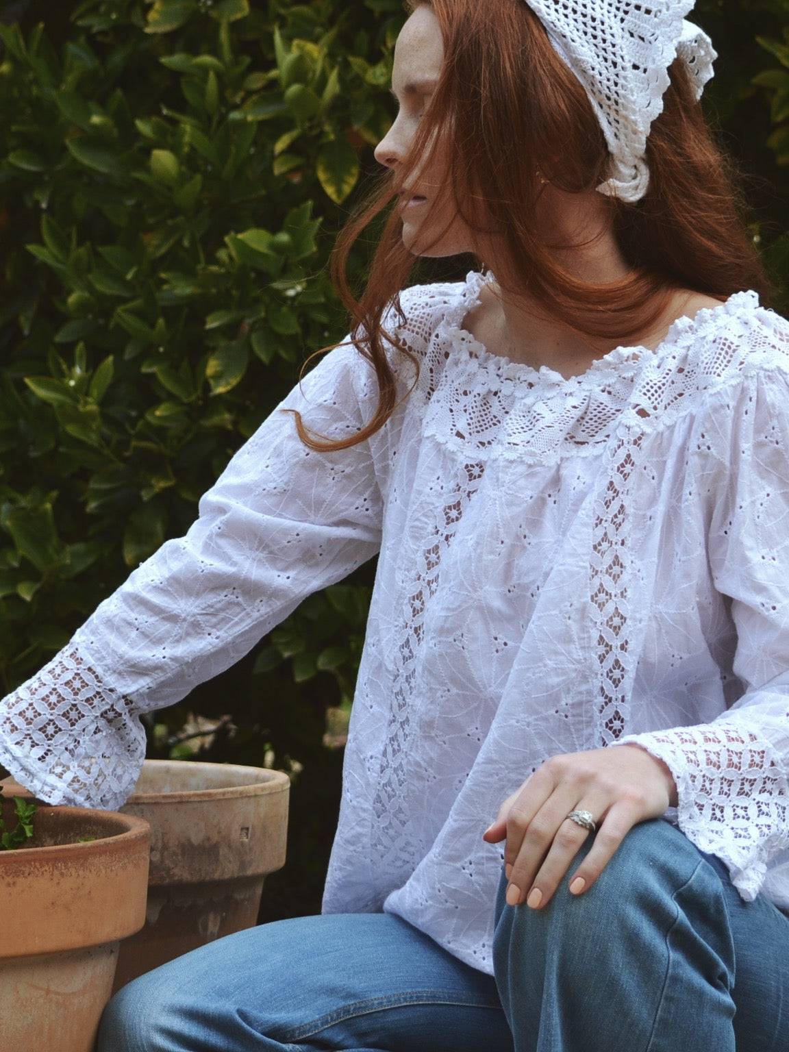 REWORKED - ONE OF A KIND COTTON SMOCK BLOUSE WHITE LACE CROCHET TRIM SMALL- MEDIUM