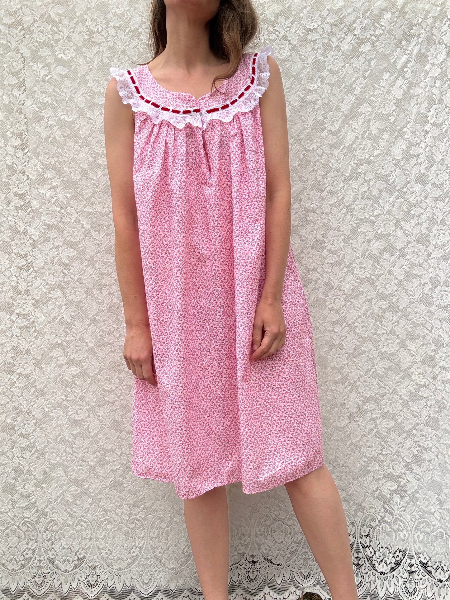 REWORKED DRESS OR NIGHTIE RED FLORAL COTTON 12-14