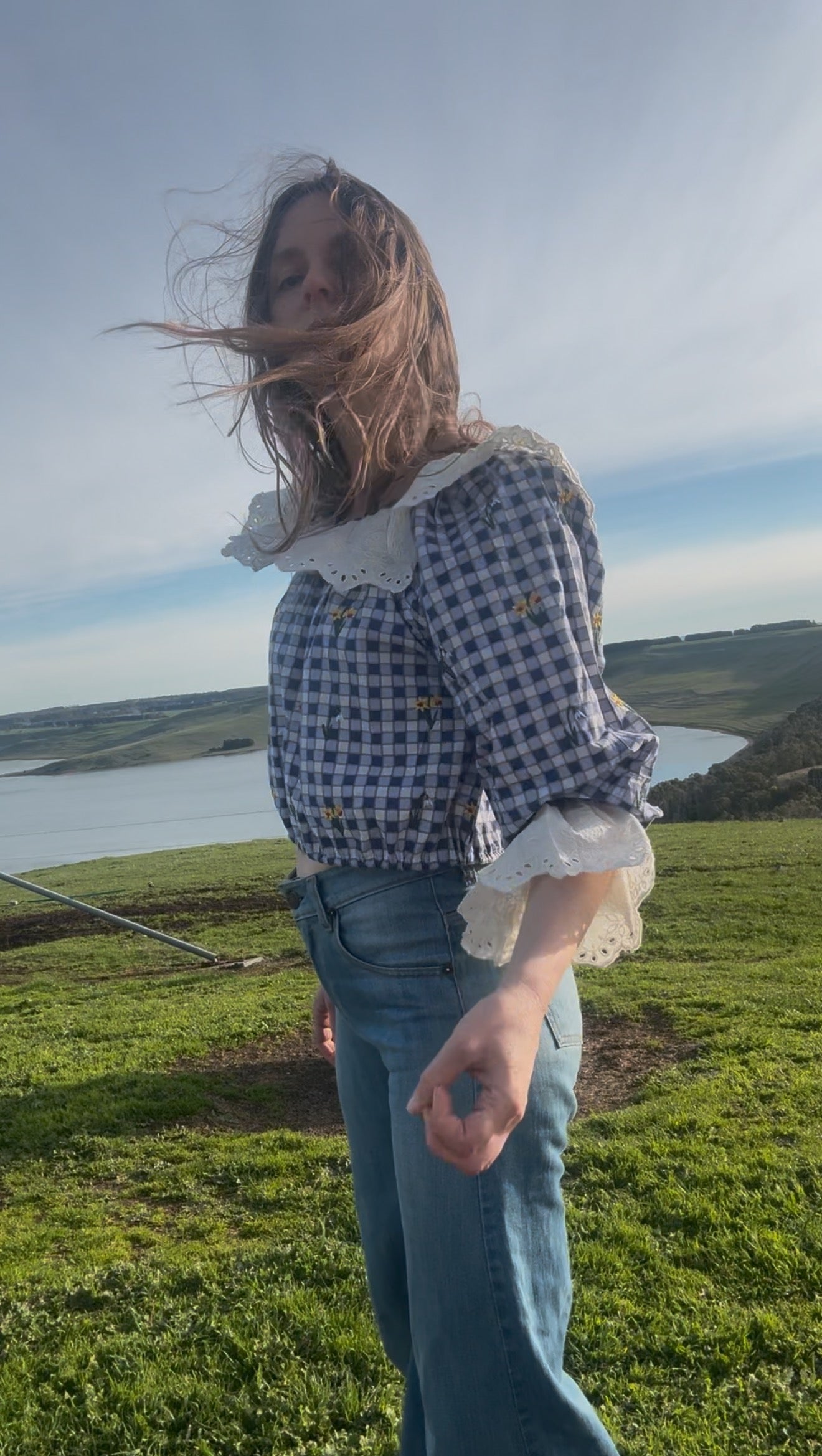 100% RECYCLED COTTON - MARTHA BLUE GINGHAM BLOUSE