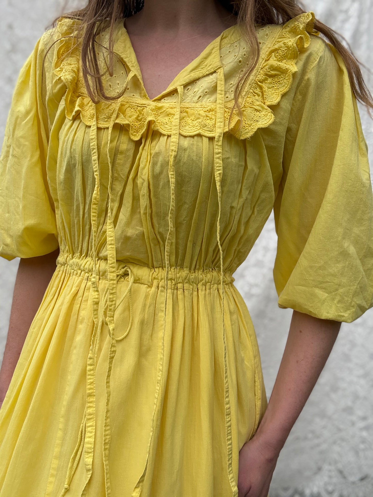 PRELOVED - 100% RECYCLED COTTON - ABERDEEN BUTTERCUP COTTON LACE DRESS SMALL