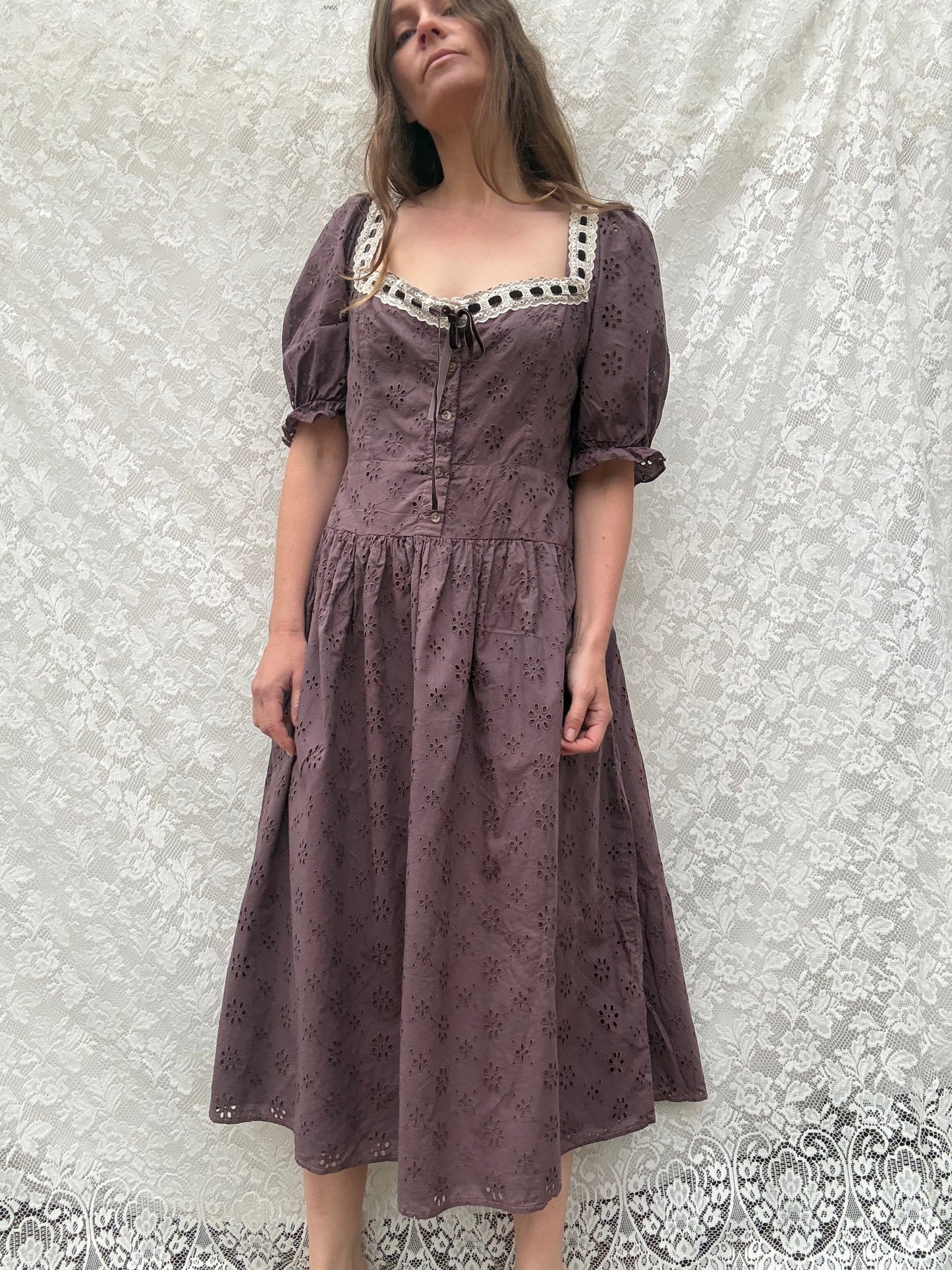 REWORKED - EGGPLANT BRODERIE COTTON DRESS 12-14