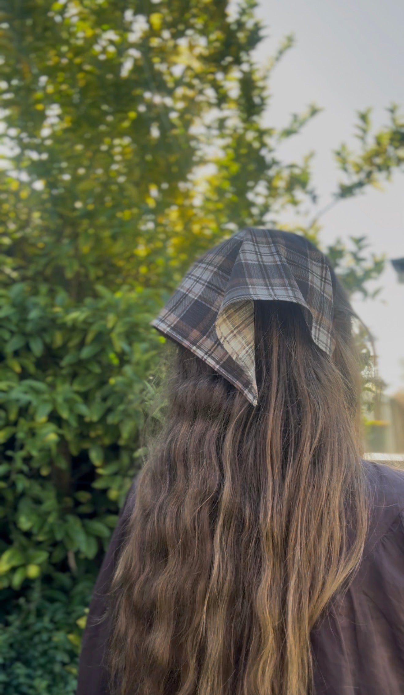 REWORKED - BROWN CHECK PLAID COTTON HEAD SCARF