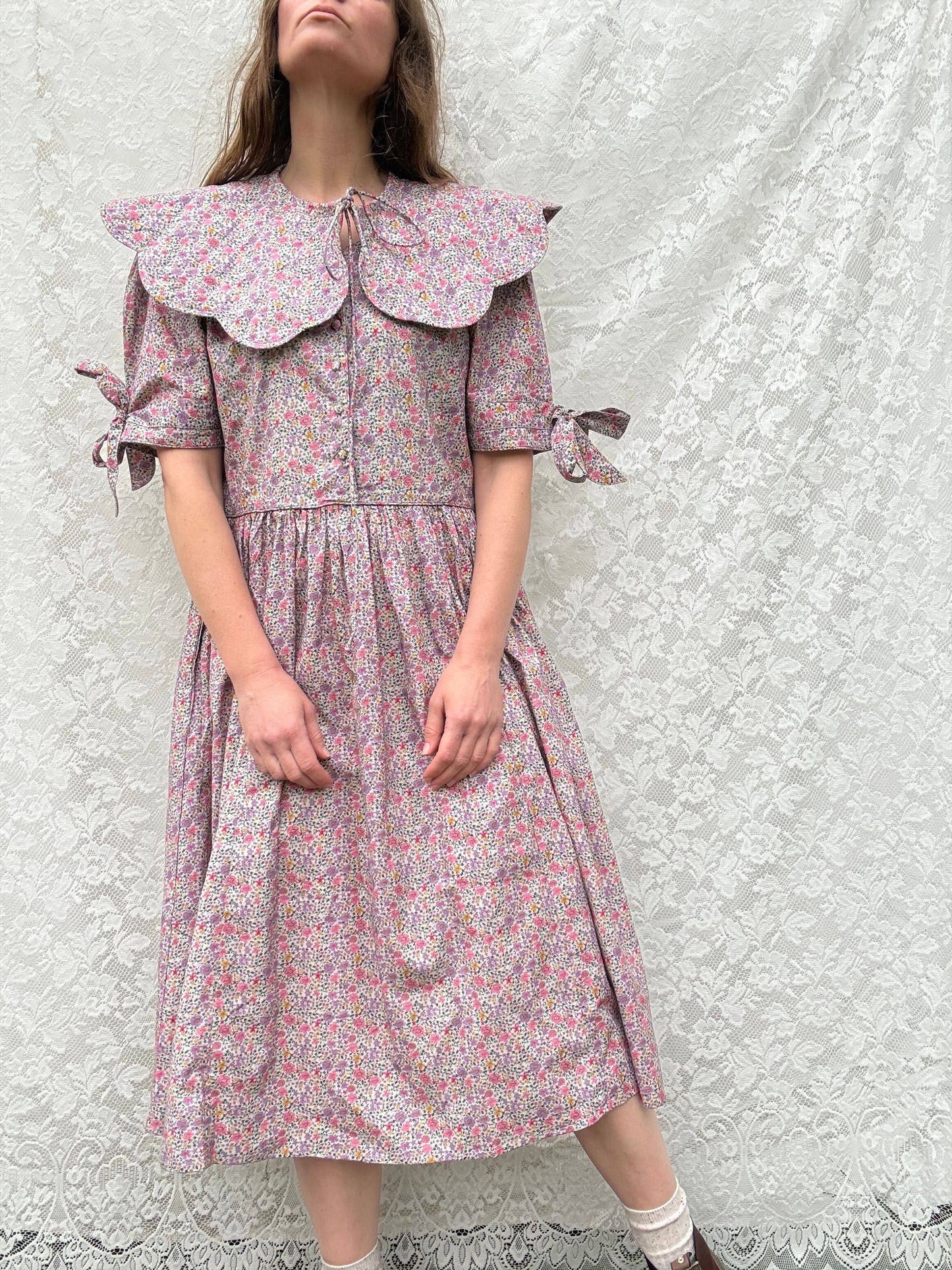 PRELOVED 100% RECYCLED COTTON - - SOPHIE DRESS LILAC FLORAL LARGE