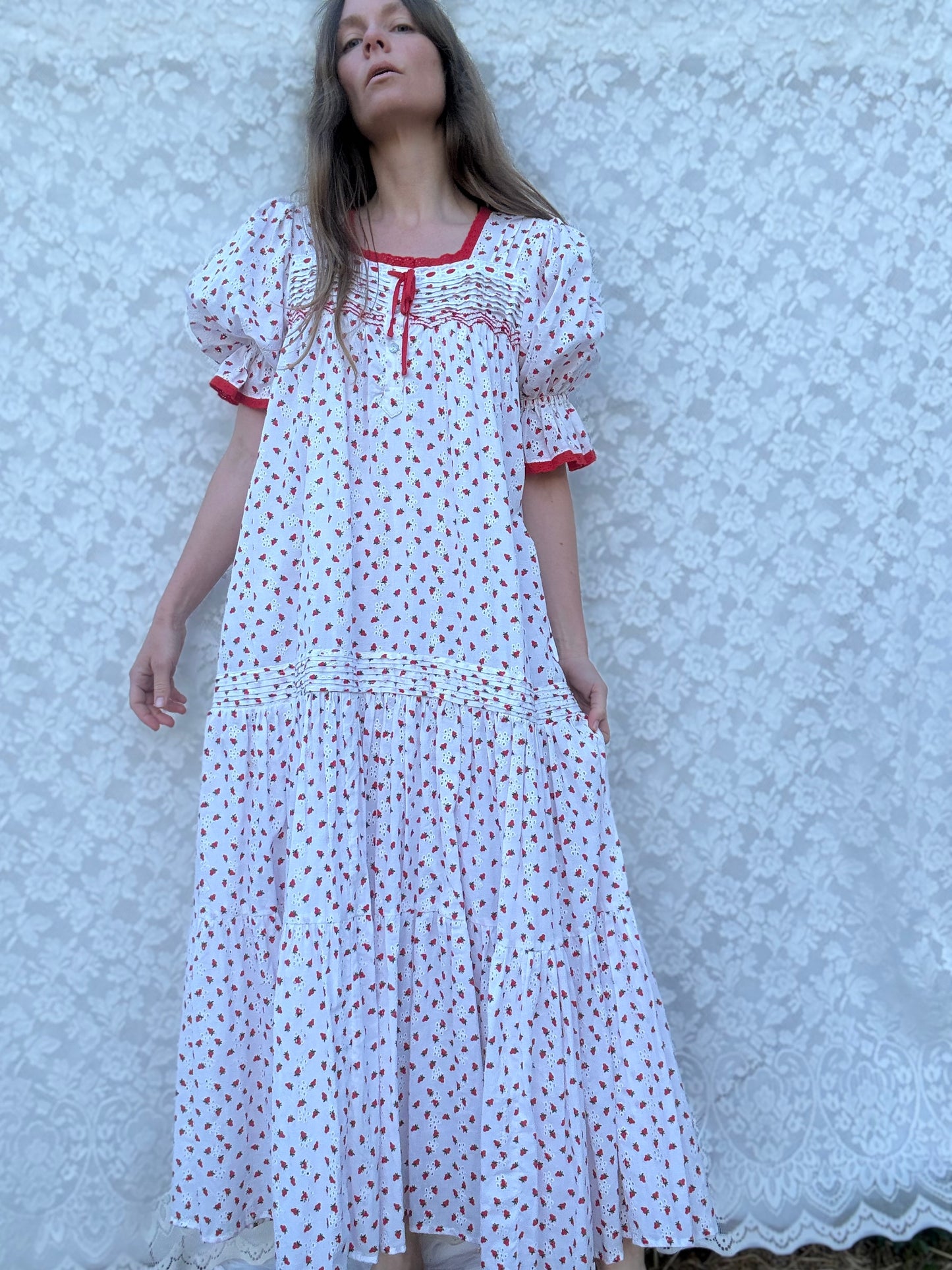 100% RECYCLED COTTON - MORNING SONG HAND SMOCKED TIERED DRESS - STRAWBERRY EMBROIDERED COTTON