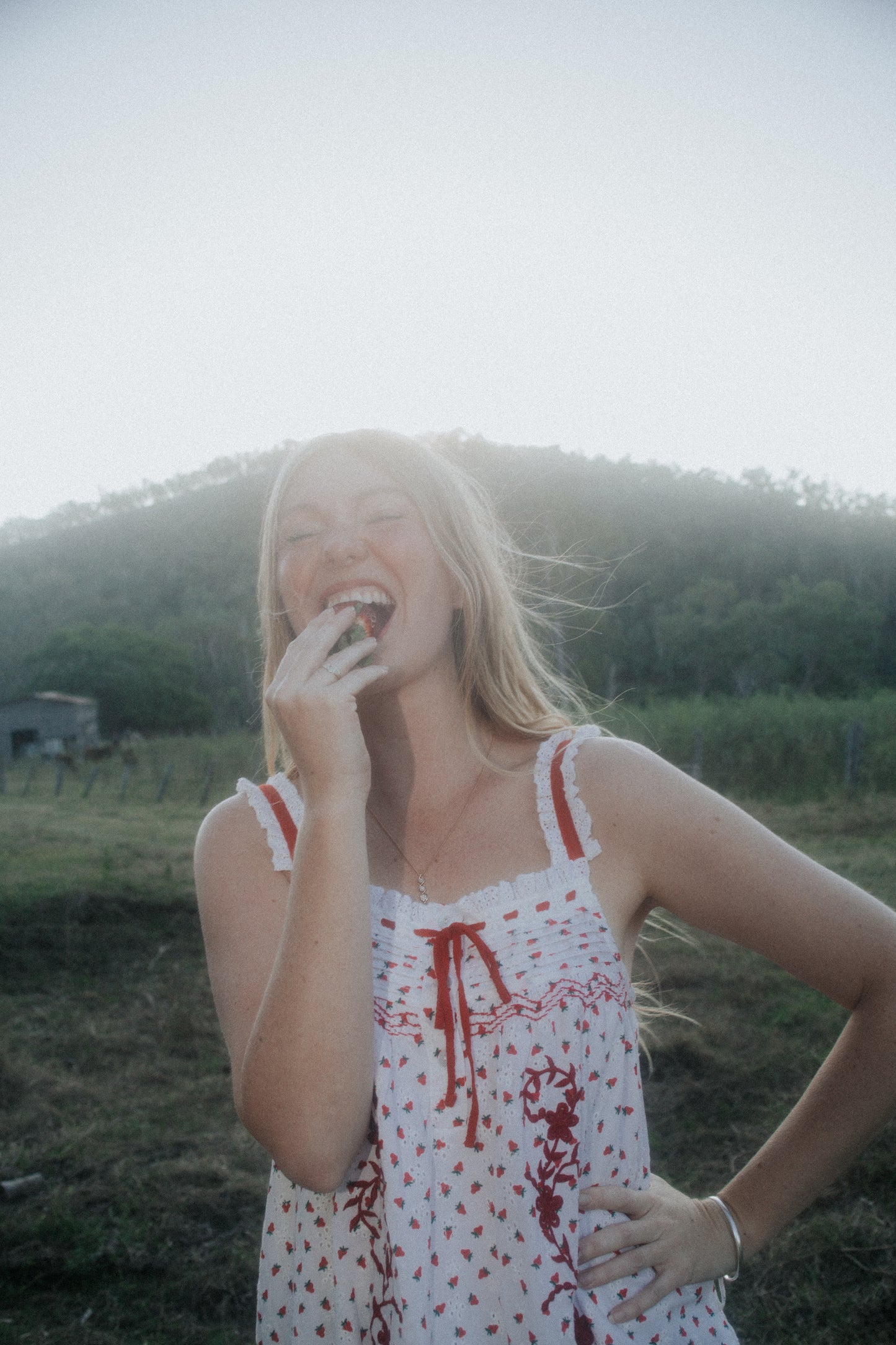 100% RECYCLED COTTON - NIGHTINGALE HAND SMOCKED DRESS STRAWBERRY EMBROIDERED COTTON