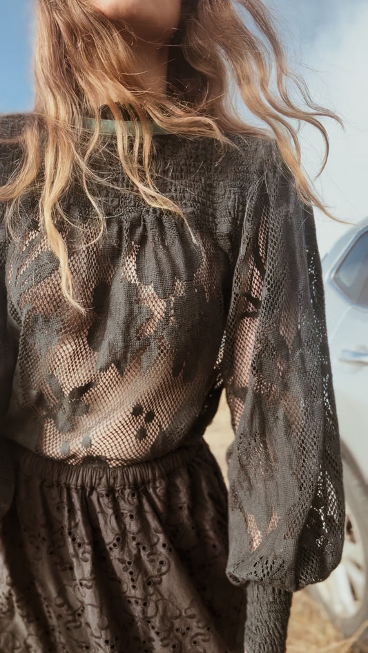 CELESTE CROCHET COTTON BLOUSE BLACK