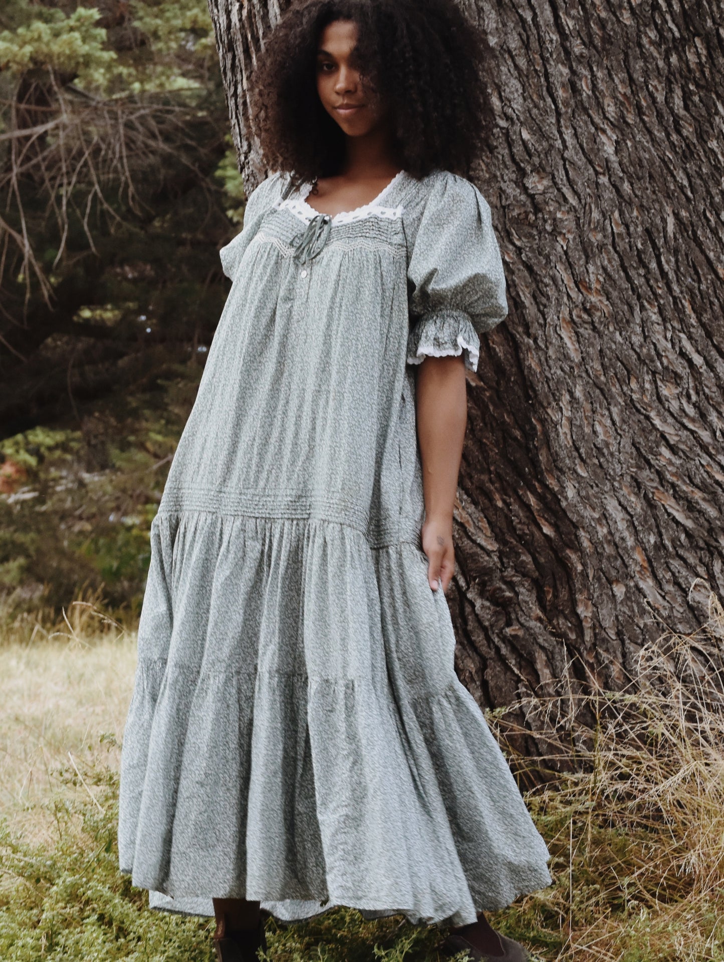 100% RECYCLED COTTON - MORNING SONG HAND SMOCKED TIERED DRESS - SAGE GREEN FLORAL