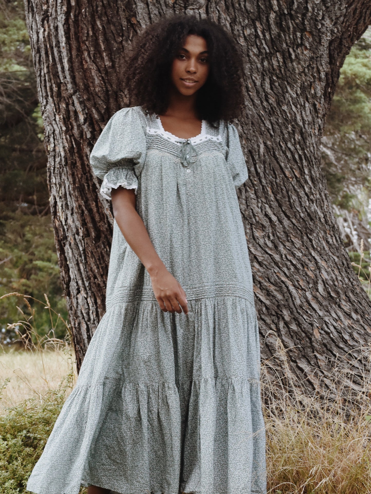 100% RECYCLED COTTON - MORNING SONG HAND SMOCKED TIERED DRESS - SAGE GREEN FLORAL