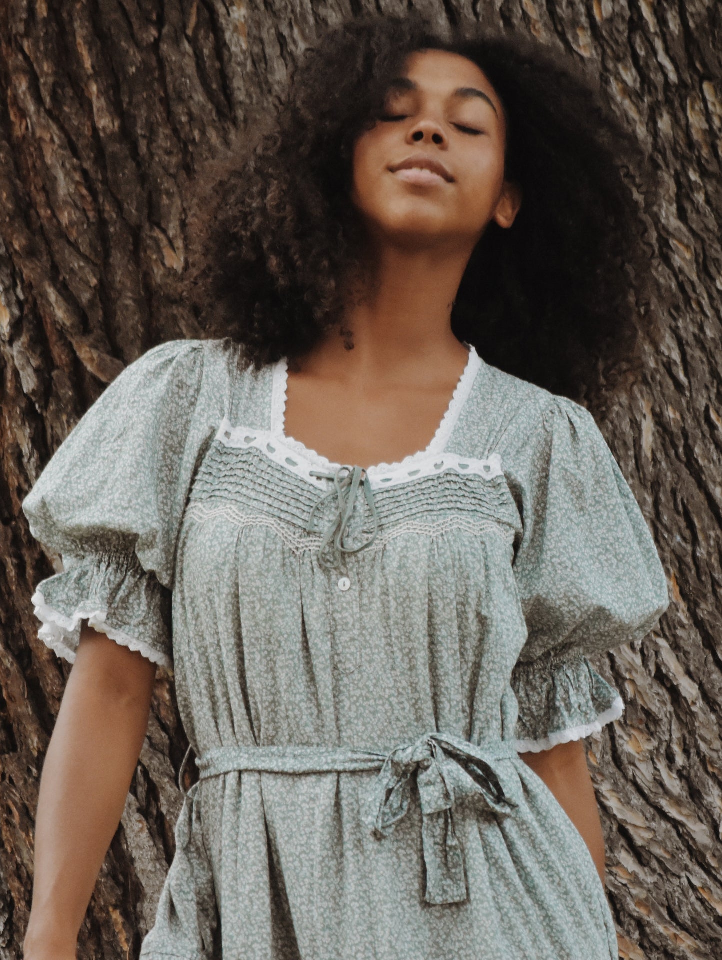 100% RECYCLED COTTON - MORNING SONG HAND SMOCKED TIERED DRESS - SAGE GREEN FLORAL