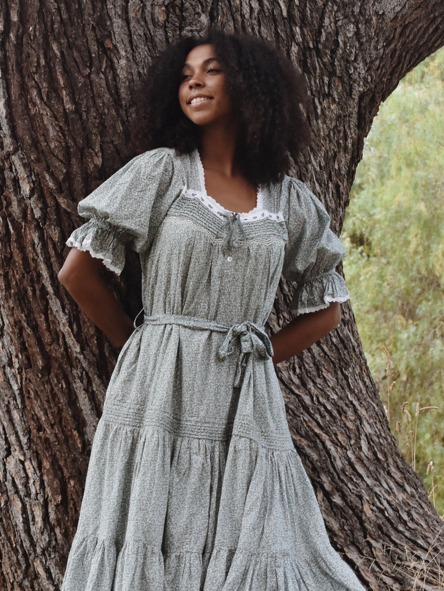 100% RECYCLED COTTON - MORNING SONG HAND SMOCKED TIERED DRESS - SAGE GREEN FLORAL