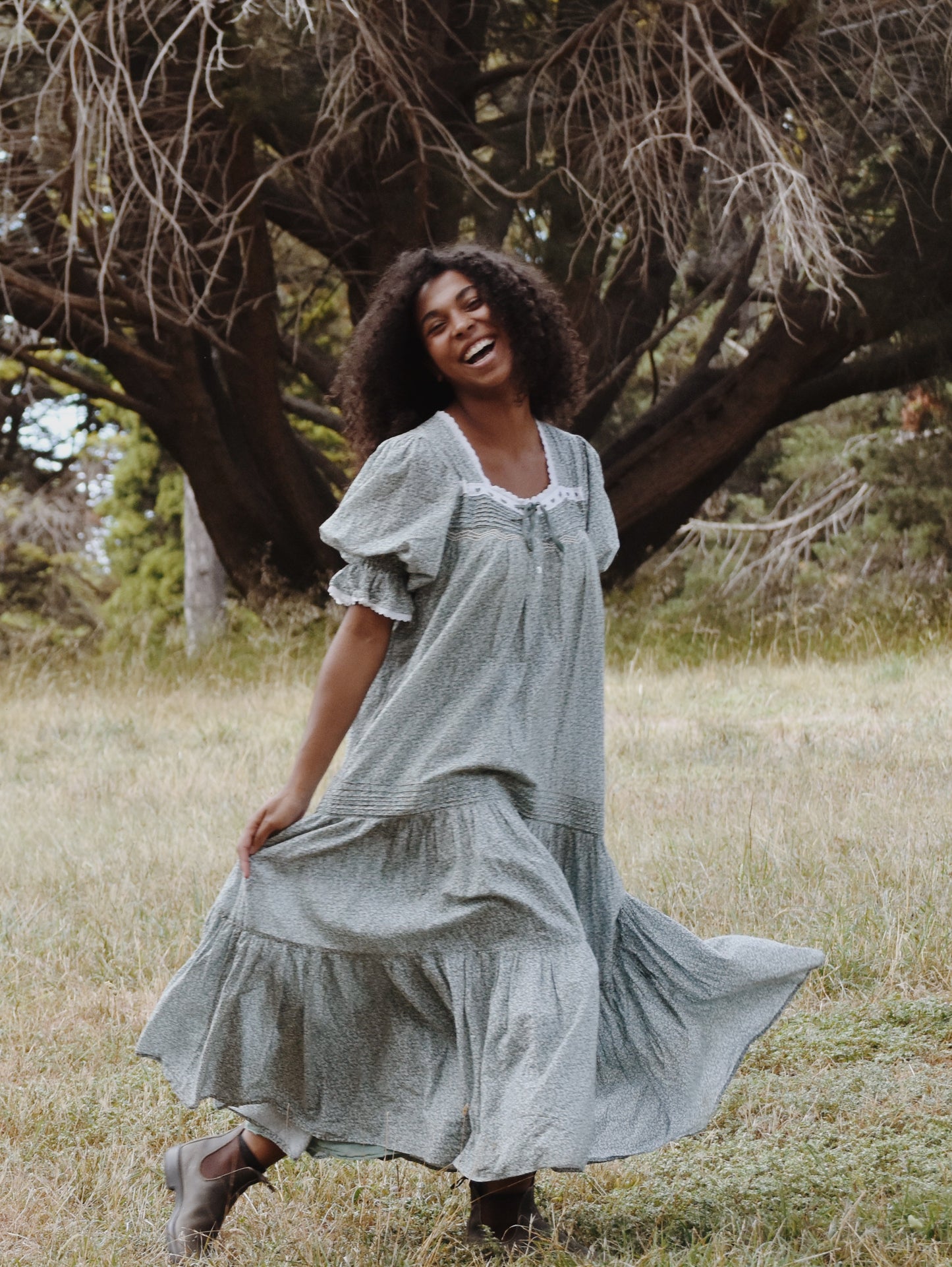 100% RECYCLED COTTON - MORNING SONG HAND SMOCKED TIERED DRESS - SAGE GREEN FLORAL