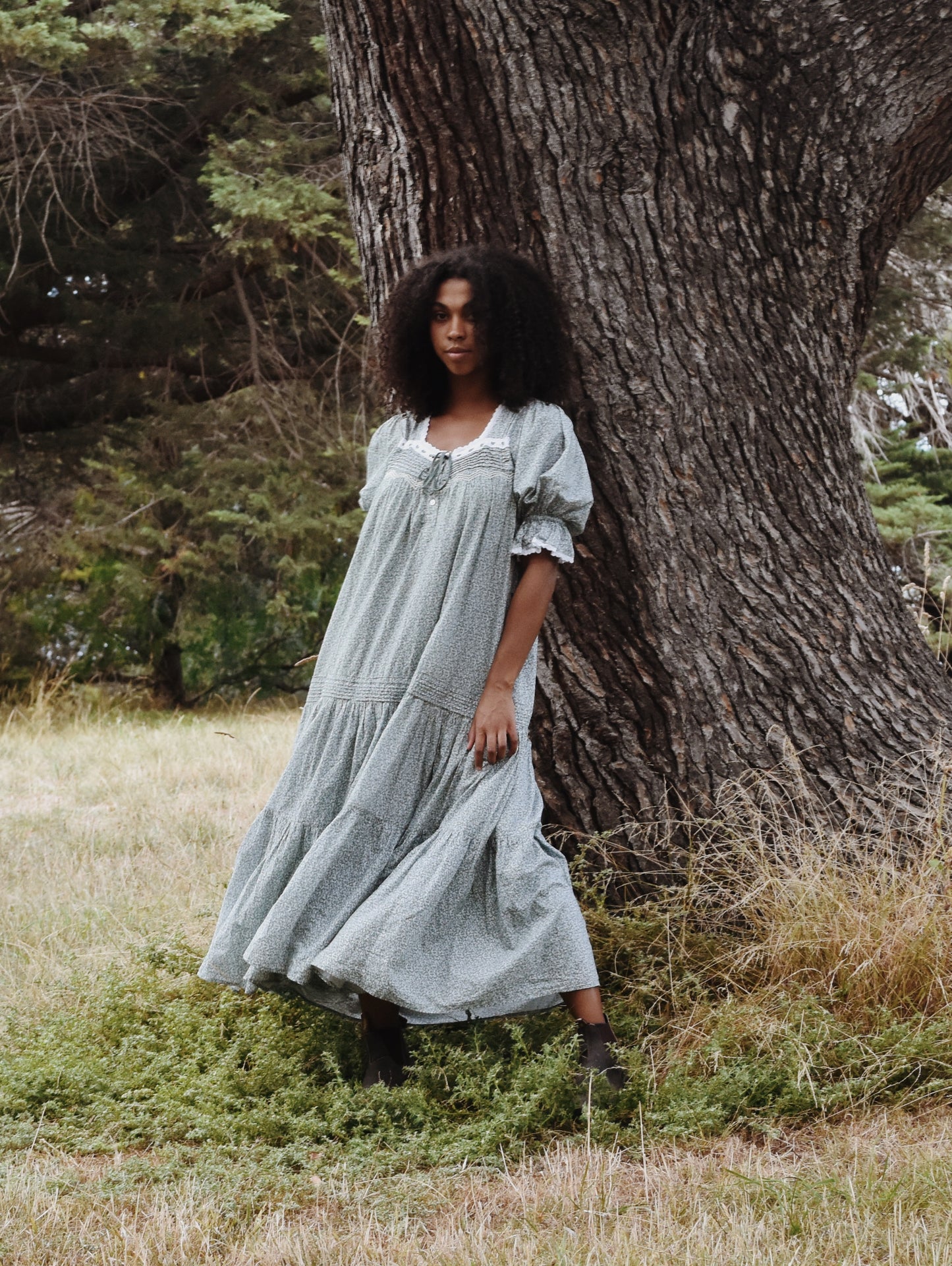 100% RECYCLED COTTON - MORNING SONG HAND SMOCKED TIERED DRESS - SAGE GREEN FLORAL