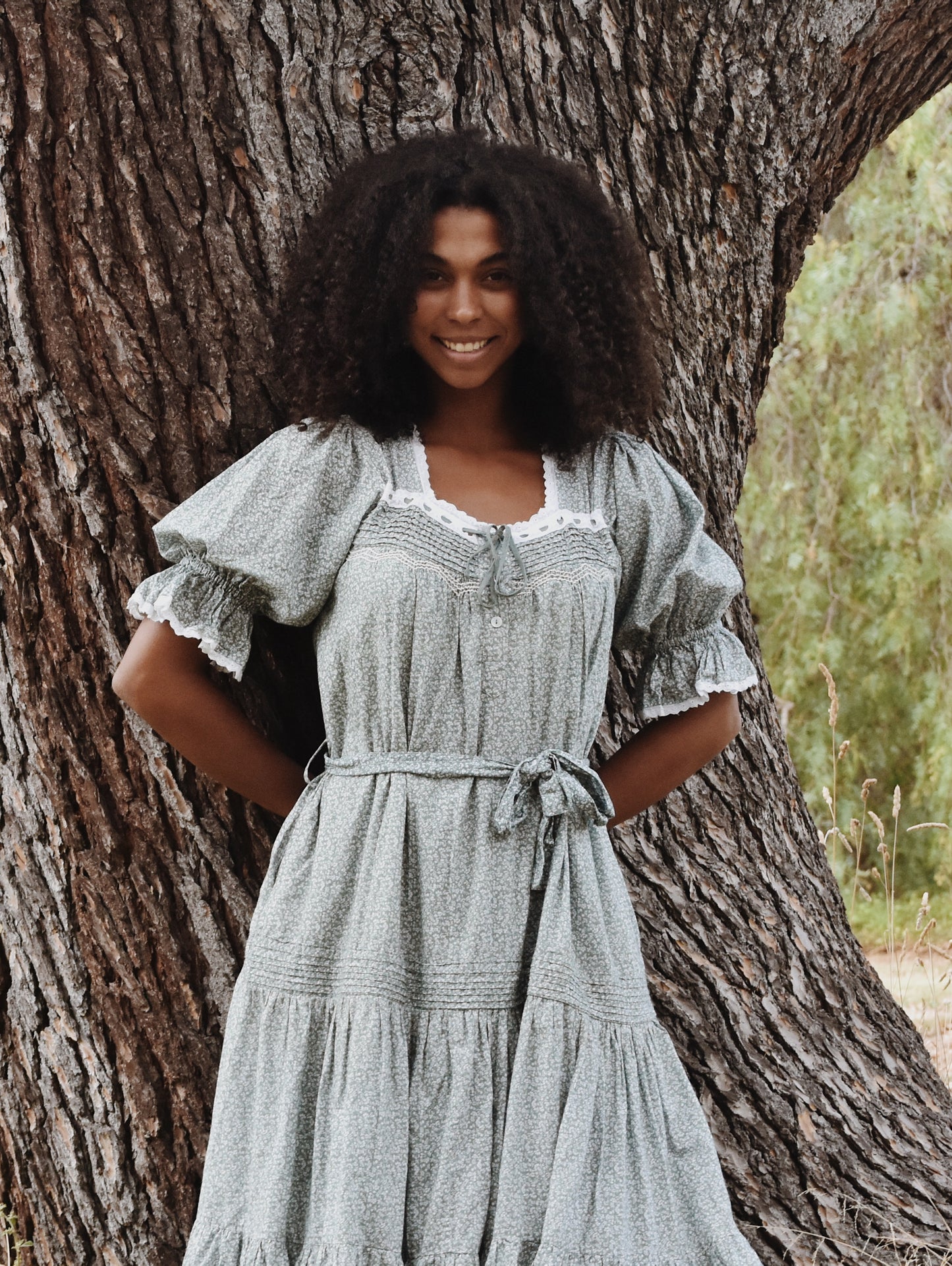100% RECYCLED COTTON - MORNING SONG HAND SMOCKED TIERED DRESS - SAGE GREEN FLORAL