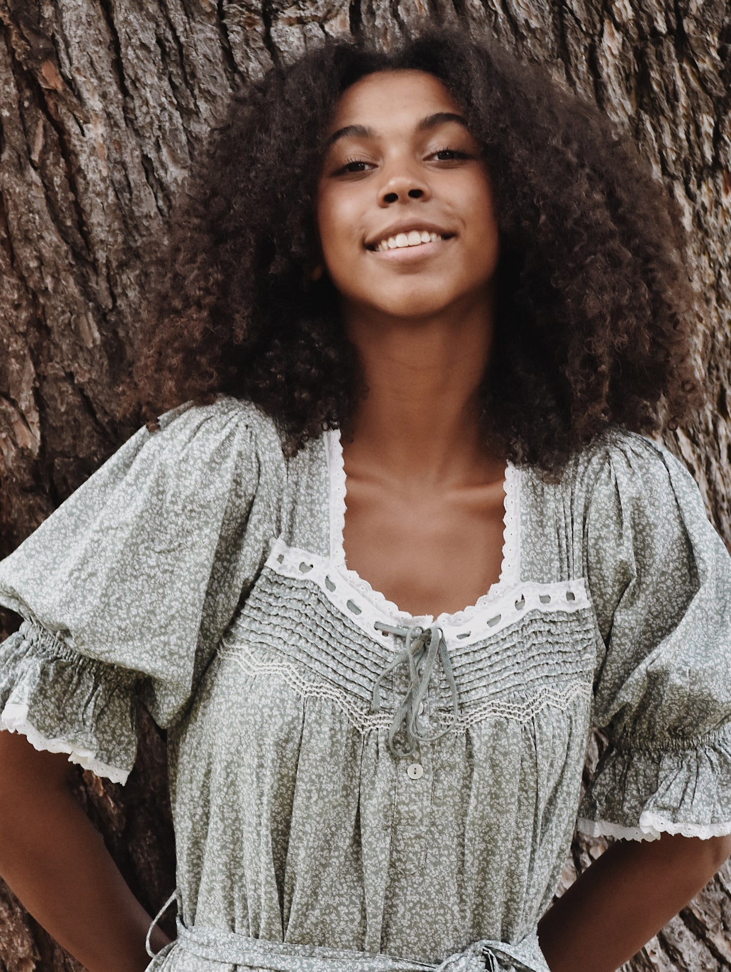 100% RECYCLED COTTON - MORNING SONG HAND SMOCKED TIERED DRESS - SAGE GREEN FLORAL