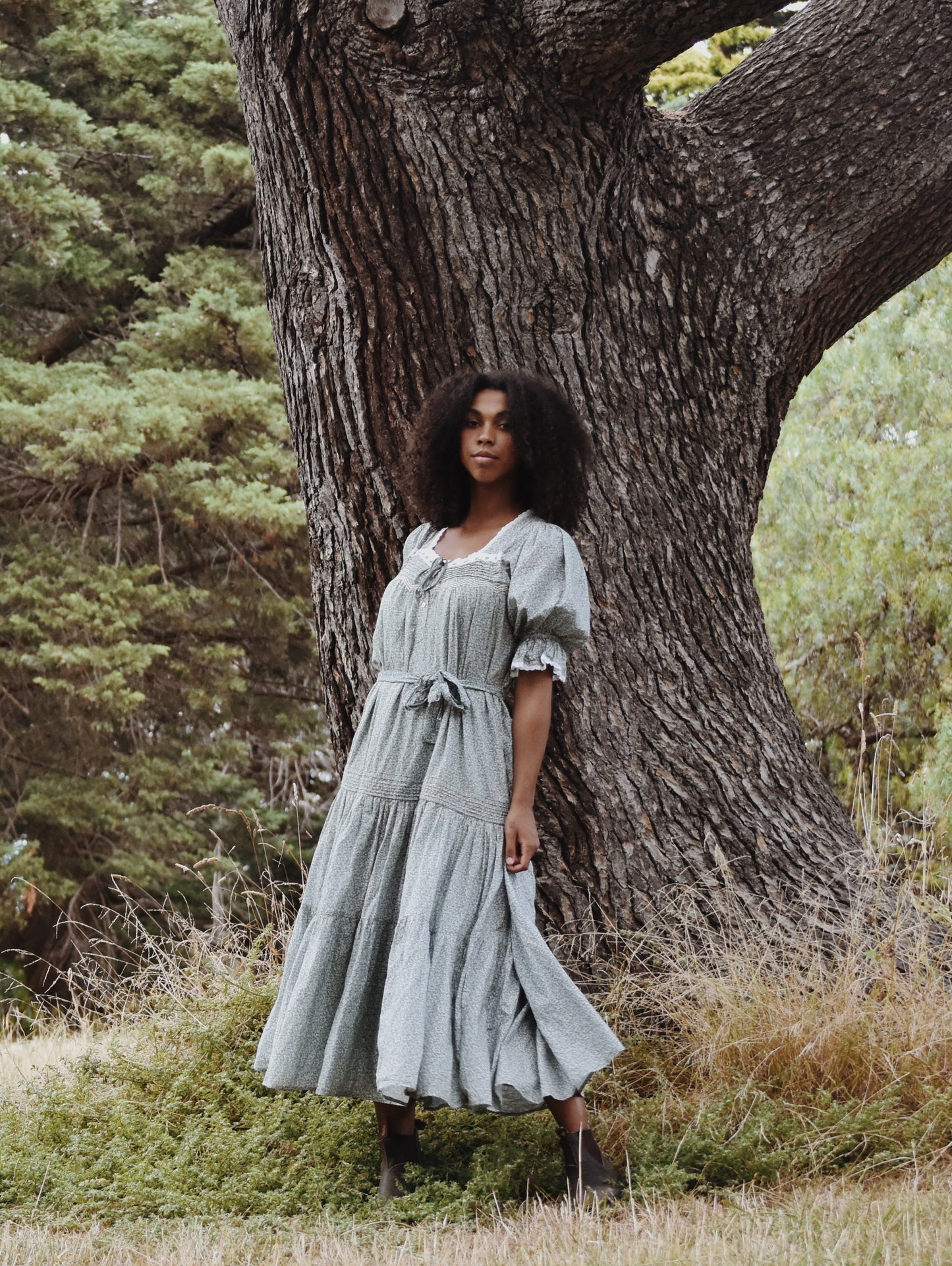 100% RECYCLED COTTON - MORNING SONG HAND SMOCKED TIERED DRESS - SAGE GREEN FLORAL