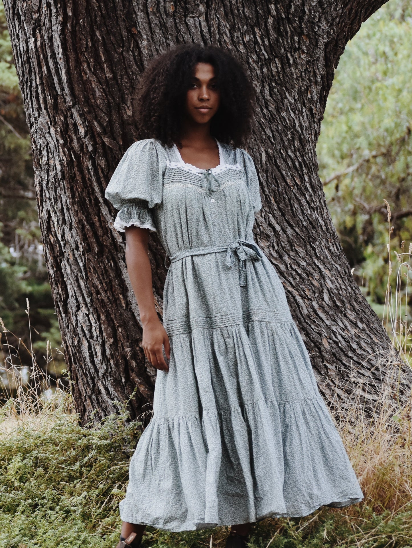 100% RECYCLED COTTON - MORNING SONG HAND SMOCKED TIERED DRESS - SAGE GREEN FLORAL