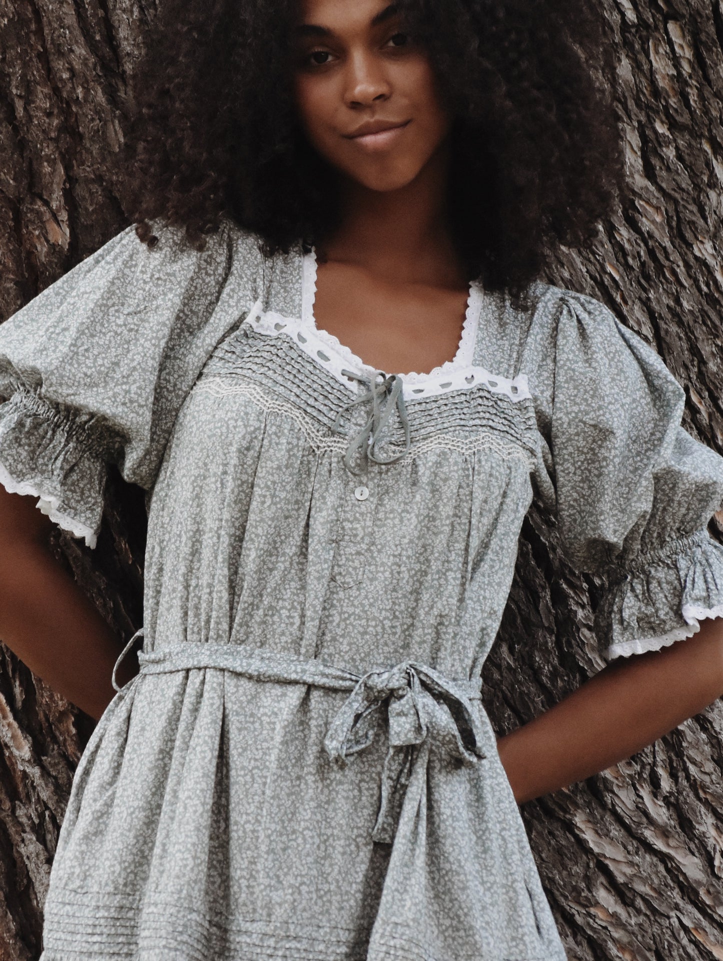 100% RECYCLED COTTON - MORNING SONG HAND SMOCKED TIERED DRESS - SAGE GREEN FLORAL