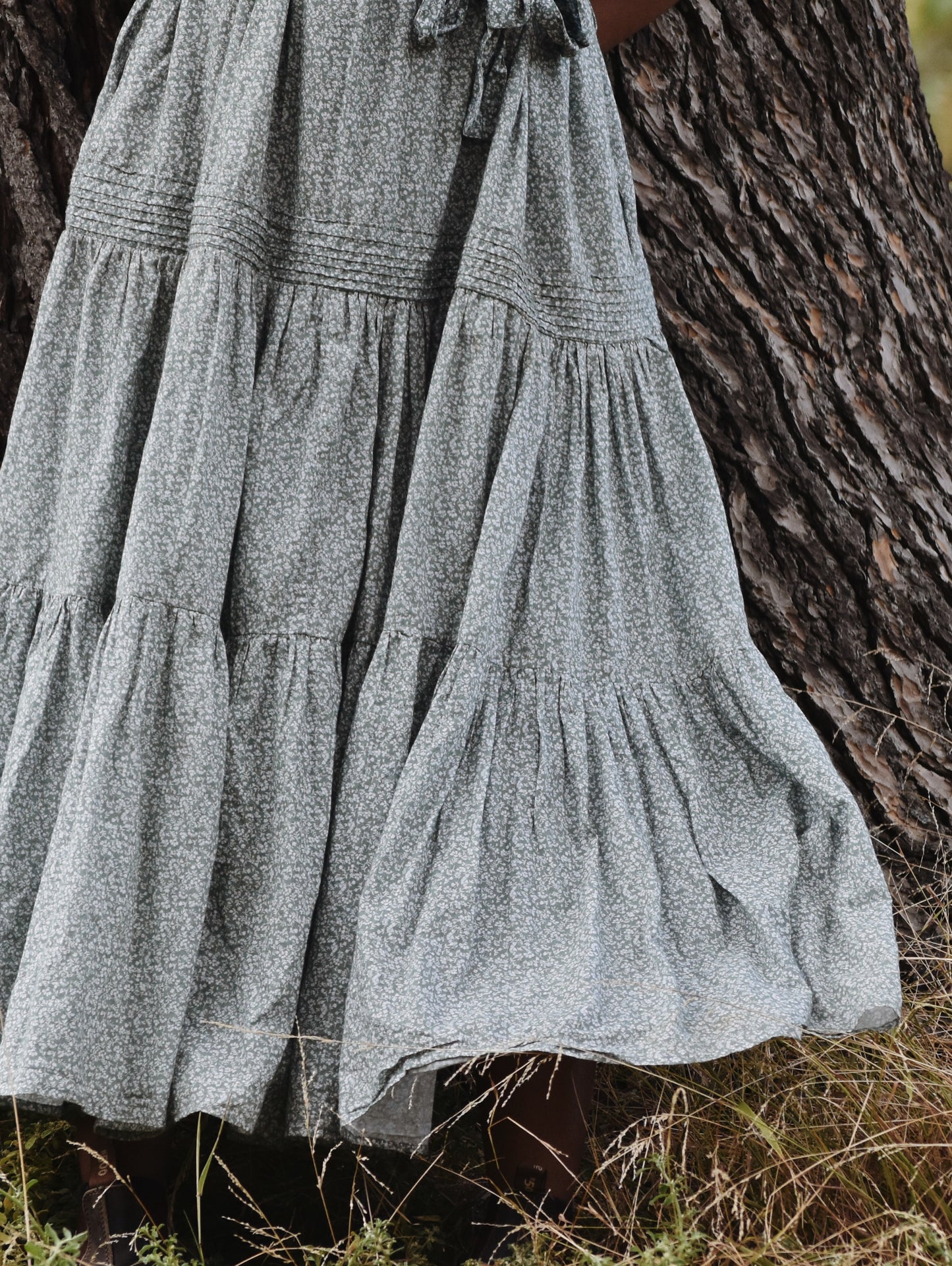 100% RECYCLED COTTON - MORNING SONG HAND SMOCKED TIERED DRESS - SAGE GREEN FLORAL