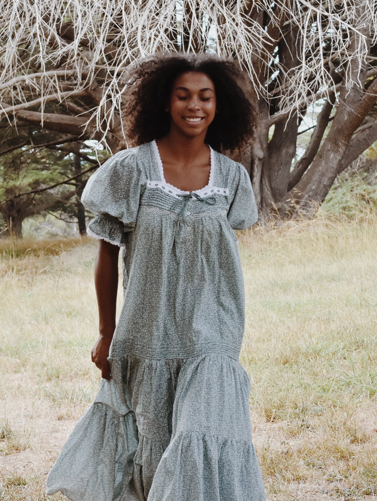 100% RECYCLED COTTON - MORNING SONG HAND SMOCKED TIERED DRESS - SAGE GREEN FLORAL