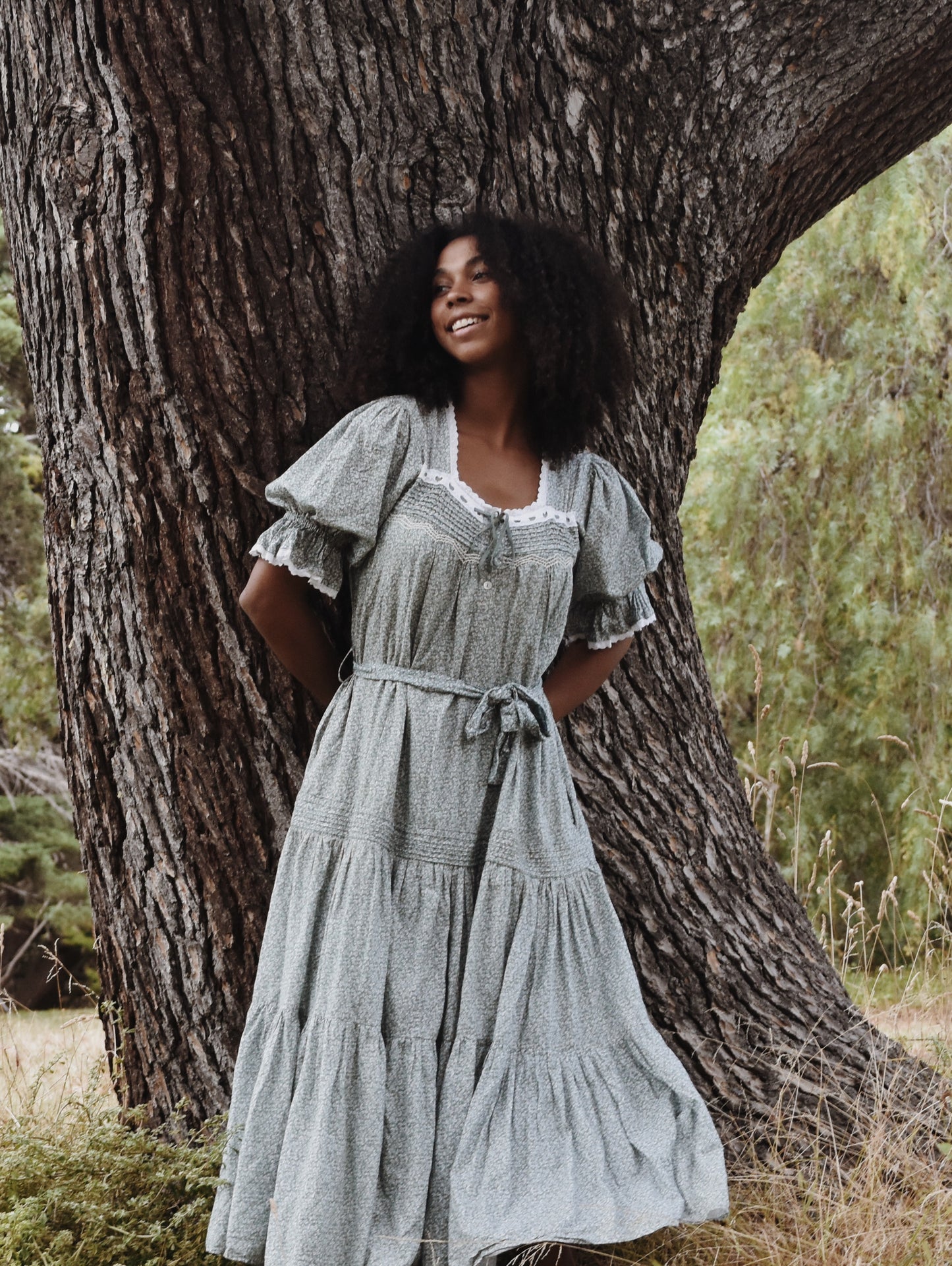 100% RECYCLED COTTON - MORNING SONG HAND SMOCKED TIERED DRESS - SAGE GREEN FLORAL