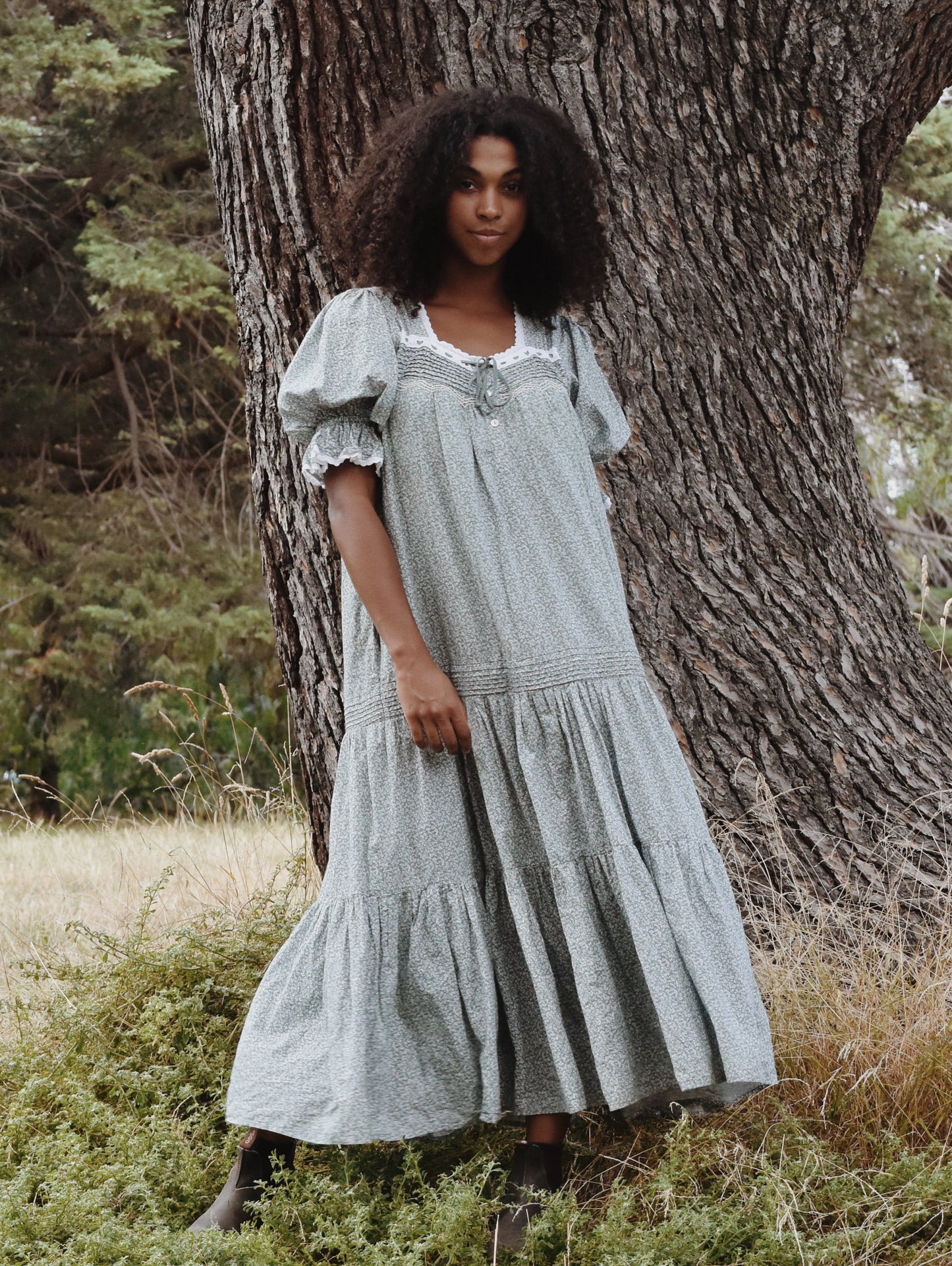 100% RECYCLED COTTON - MORNING SONG HAND SMOCKED TIERED DRESS - SAGE GREEN FLORAL