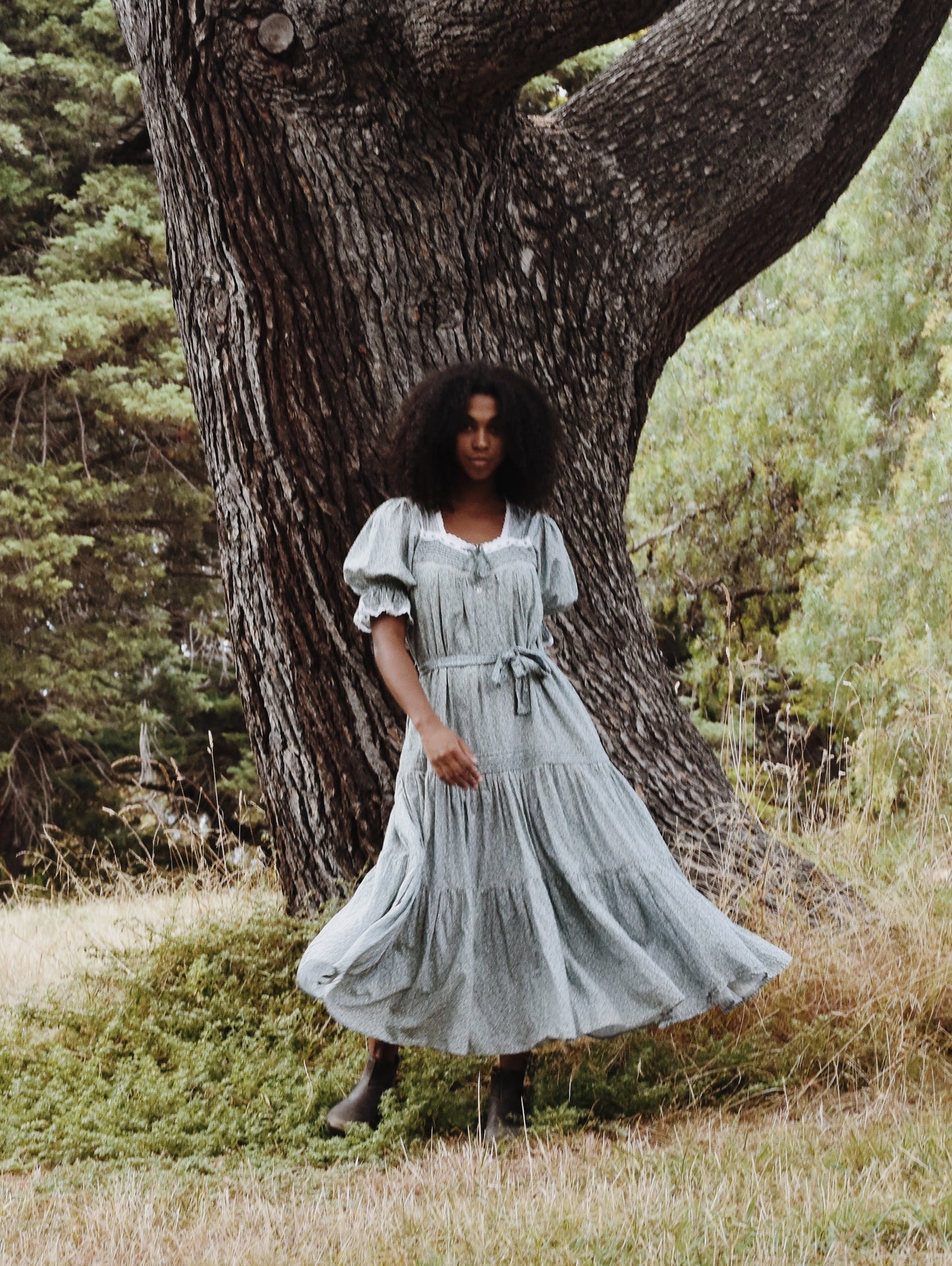 100% RECYCLED COTTON - MORNING SONG HAND SMOCKED TIERED DRESS - SAGE GREEN FLORAL