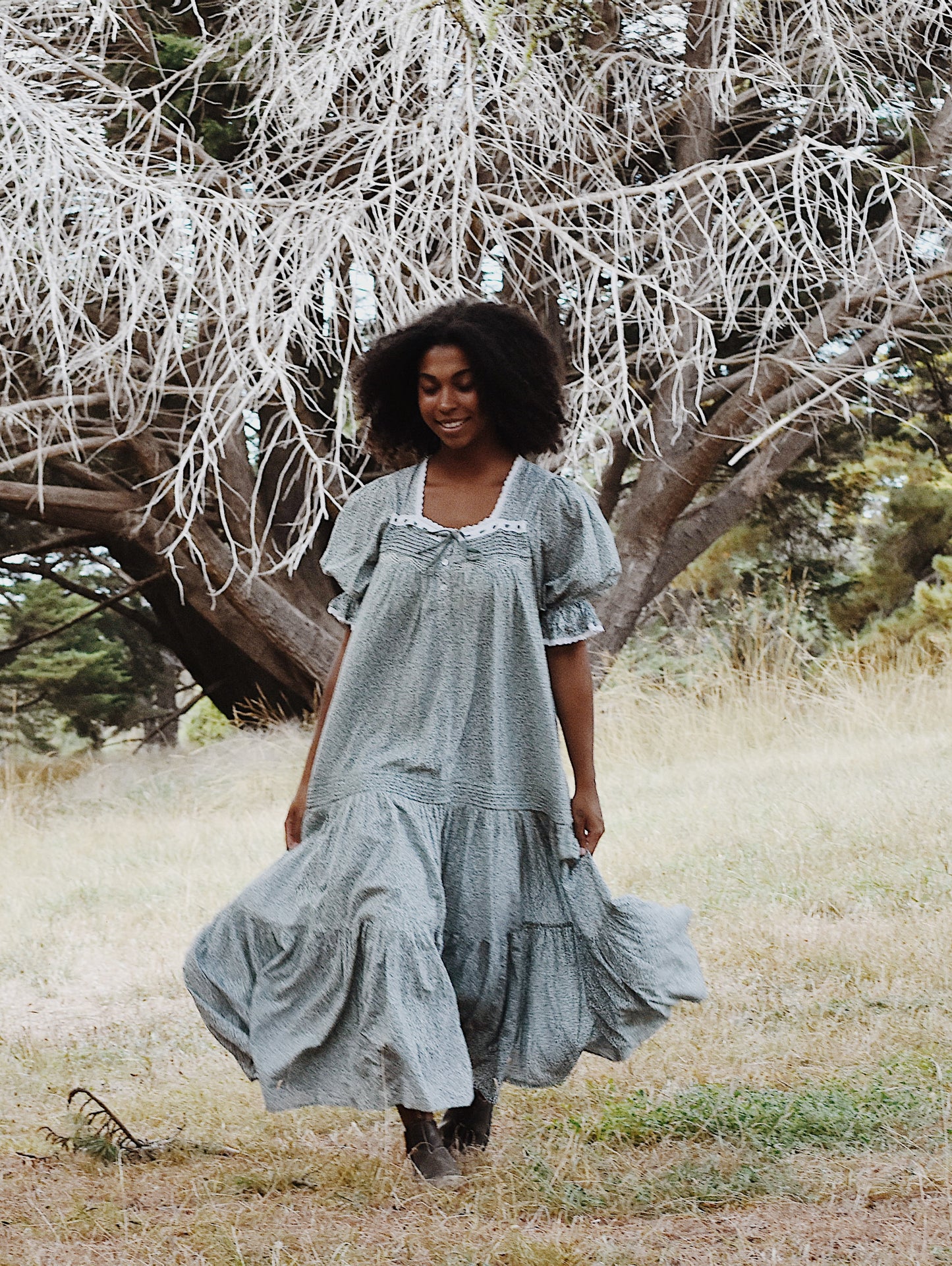 100% RECYCLED COTTON - MORNING SONG HAND SMOCKED TIERED DRESS - SAGE GREEN FLORAL