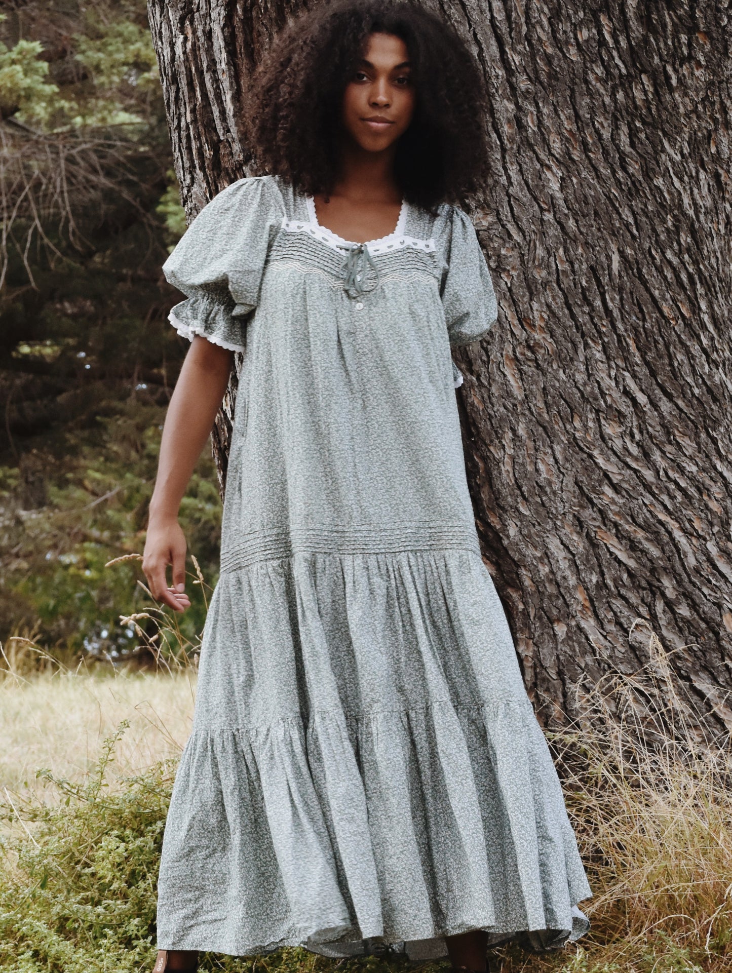 100% RECYCLED COTTON - MORNING SONG HAND SMOCKED TIERED DRESS - SAGE GREEN FLORAL
