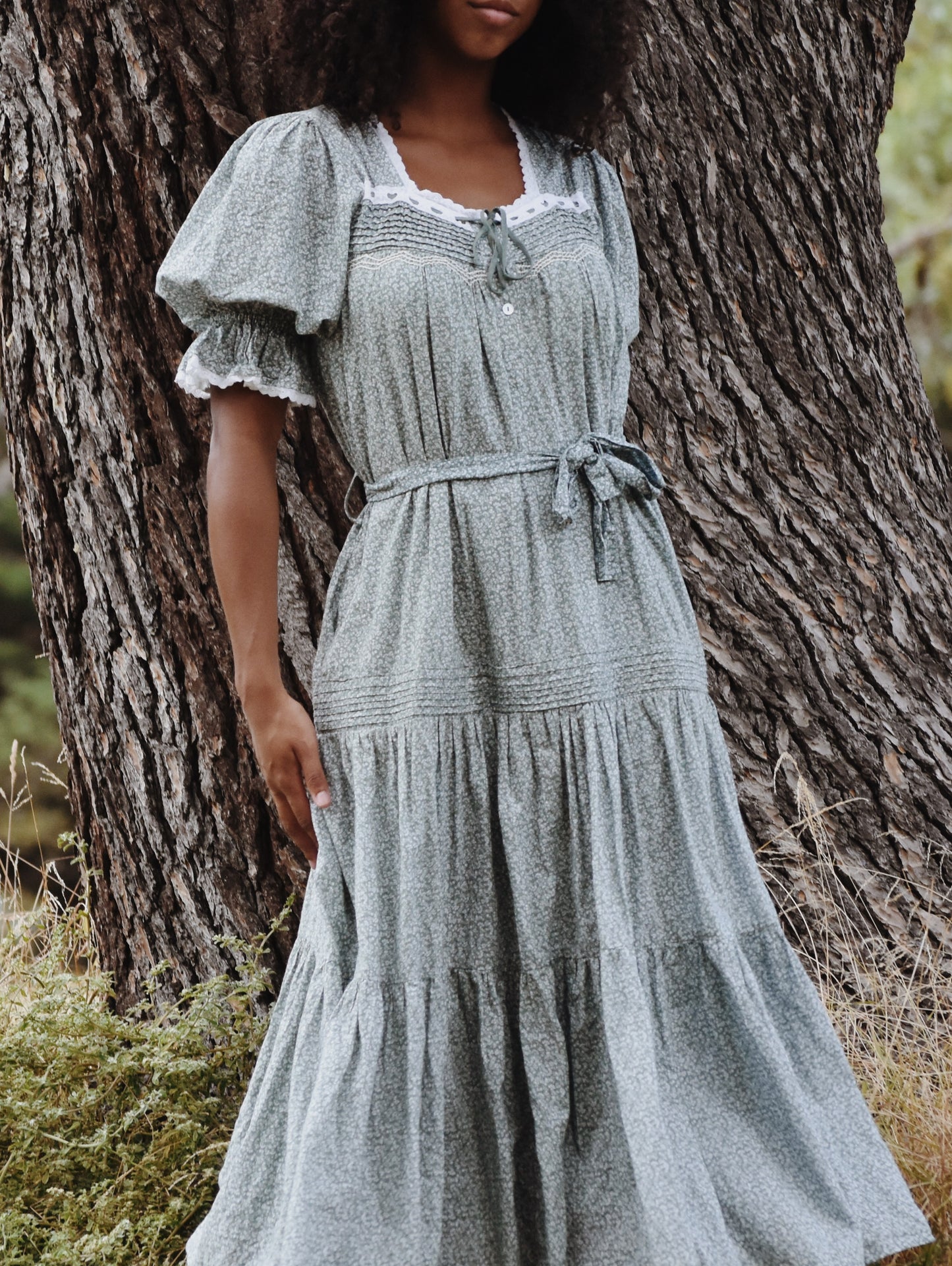 100% RECYCLED COTTON - MORNING SONG HAND SMOCKED TIERED DRESS - SAGE GREEN FLORAL