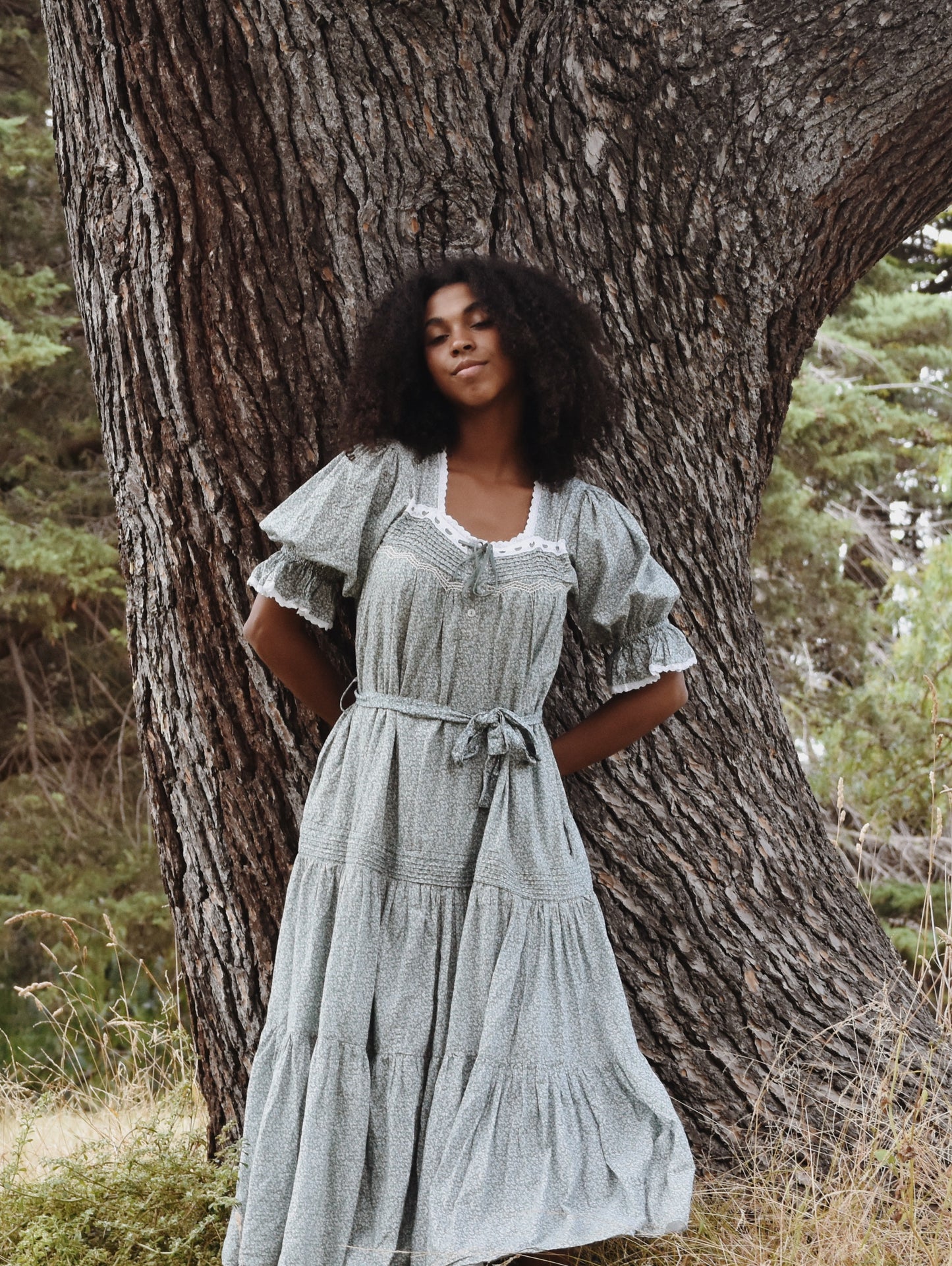 100% RECYCLED COTTON - MORNING SONG HAND SMOCKED TIERED DRESS - SAGE GREEN FLORAL